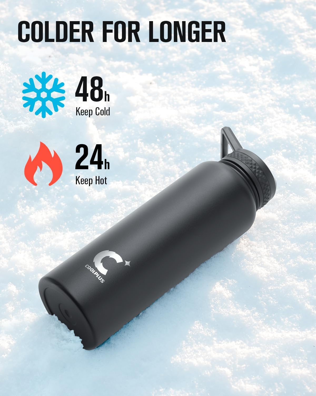 Coolplus 40 oz Water Bottle Insulated, Stainless Steel Water Flask With Straw Metal Double-Walled Vacuum With Carry Sleeve Leakproof, Keep Cold 48 Hrs Hot 24hrs, Black - Image 2