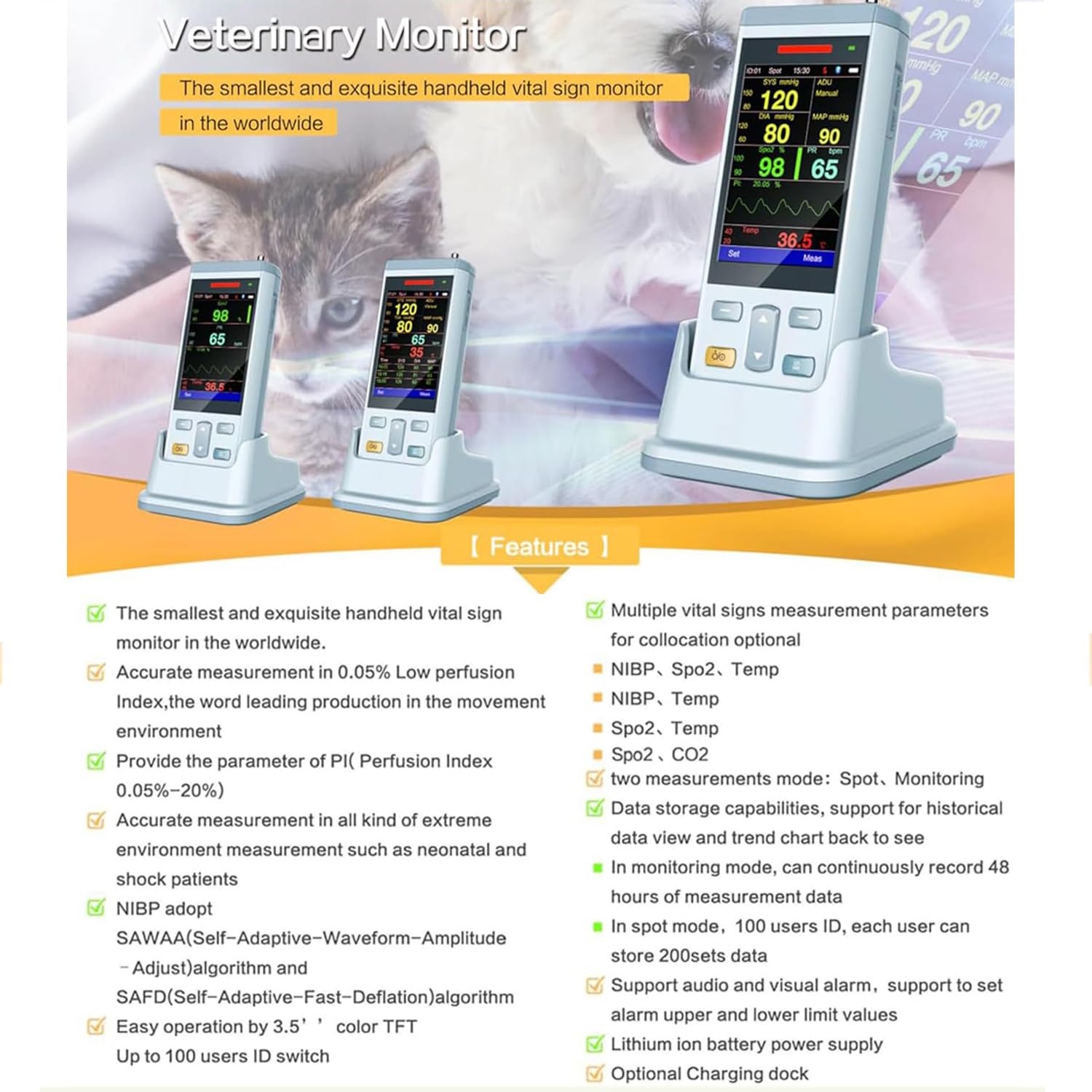 Veterinär-Pulsoximeter, Tragbarer Vitalparameter-Monitor, Mehrere Überwachungsfunktionen Für SPO2/Blutdruck/Temperatur/Pulsfrequenz, Für Katzen, Hunde Und Haustiere