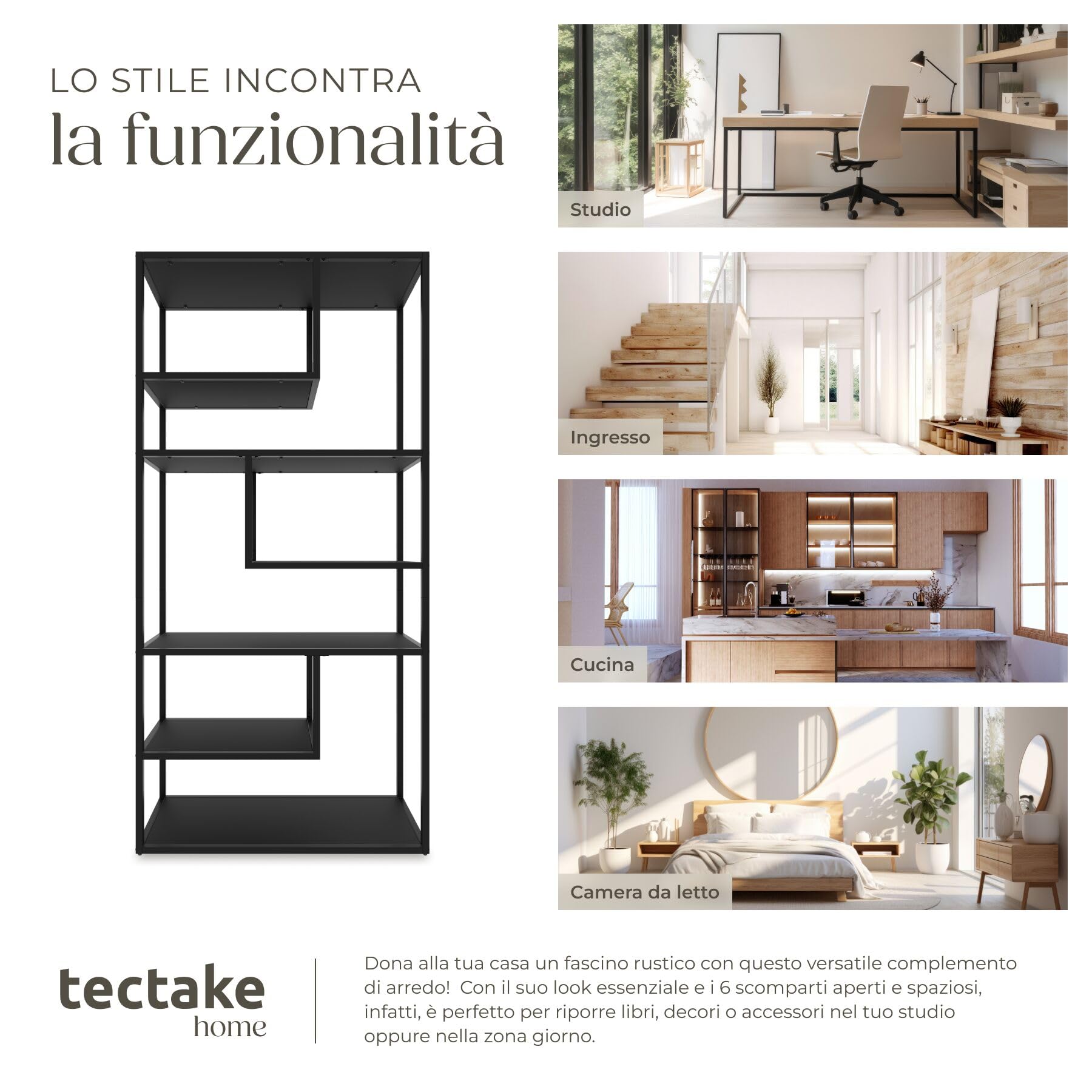 tectake® Scaffale Autoportante con 6 Scomparti, Libreria Scaffale con Ripiani in Metallo e Legno, Libreria Moderna, Libreria Industriale per Casa, Ufficio, Cucina, Garage, 85x35x188 cm - Nero