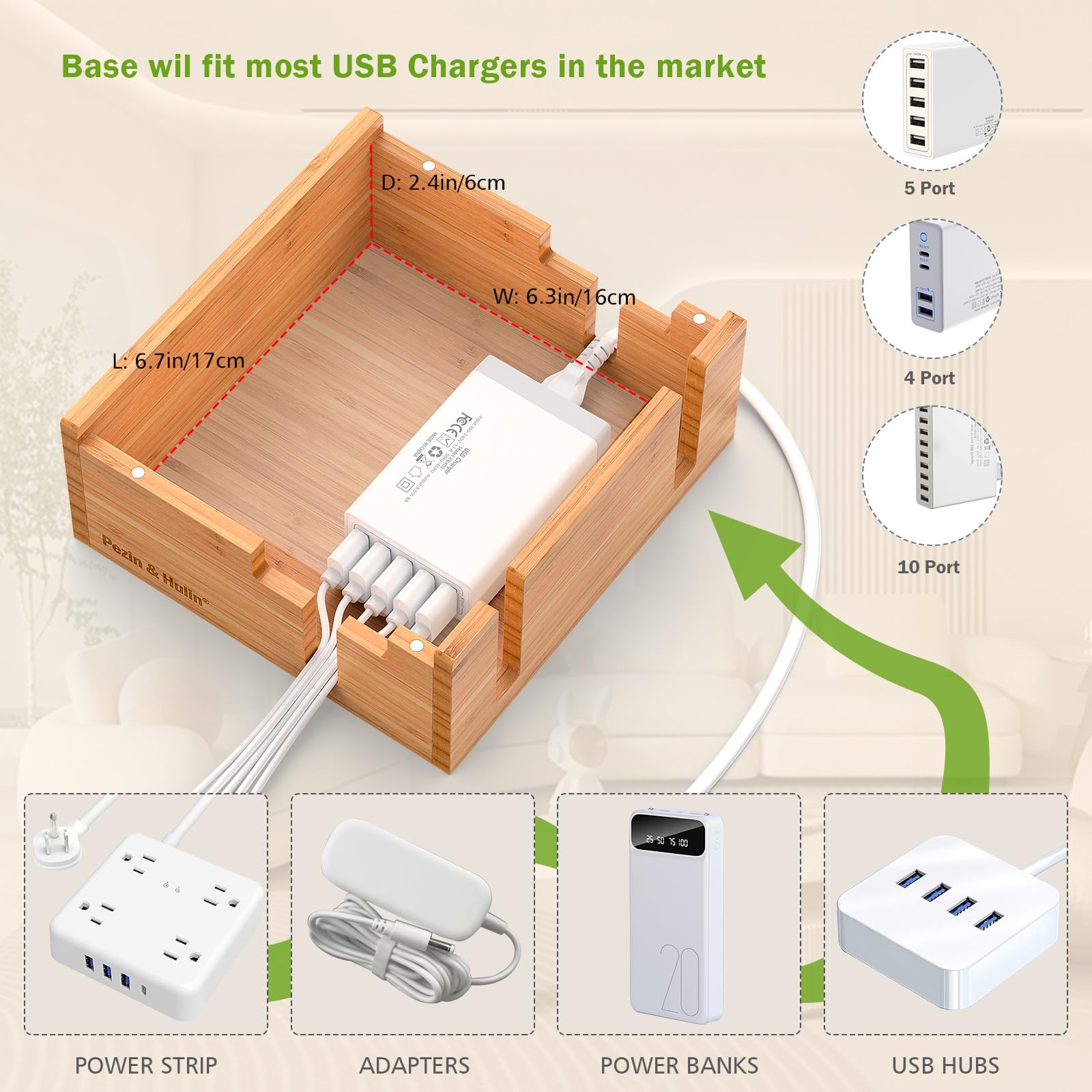 Pezin & Hulin Station de recharge en bambou avec support de montre, chargeur et câbles | Support en bois pour plusieurs appareils, téléphones, tablettes, montres et écouteurs, pas de montage nécessaire