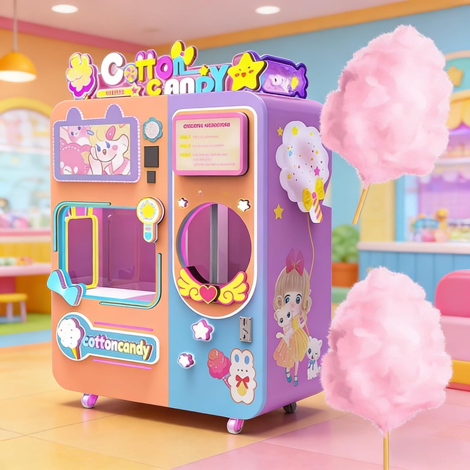 Self-Service Cotton Candy Maker Vending Machine with Touch Display, Quick Heating System, LED Visual Effects, Large Capacity Storage, Ideal for Public Spaces and Events