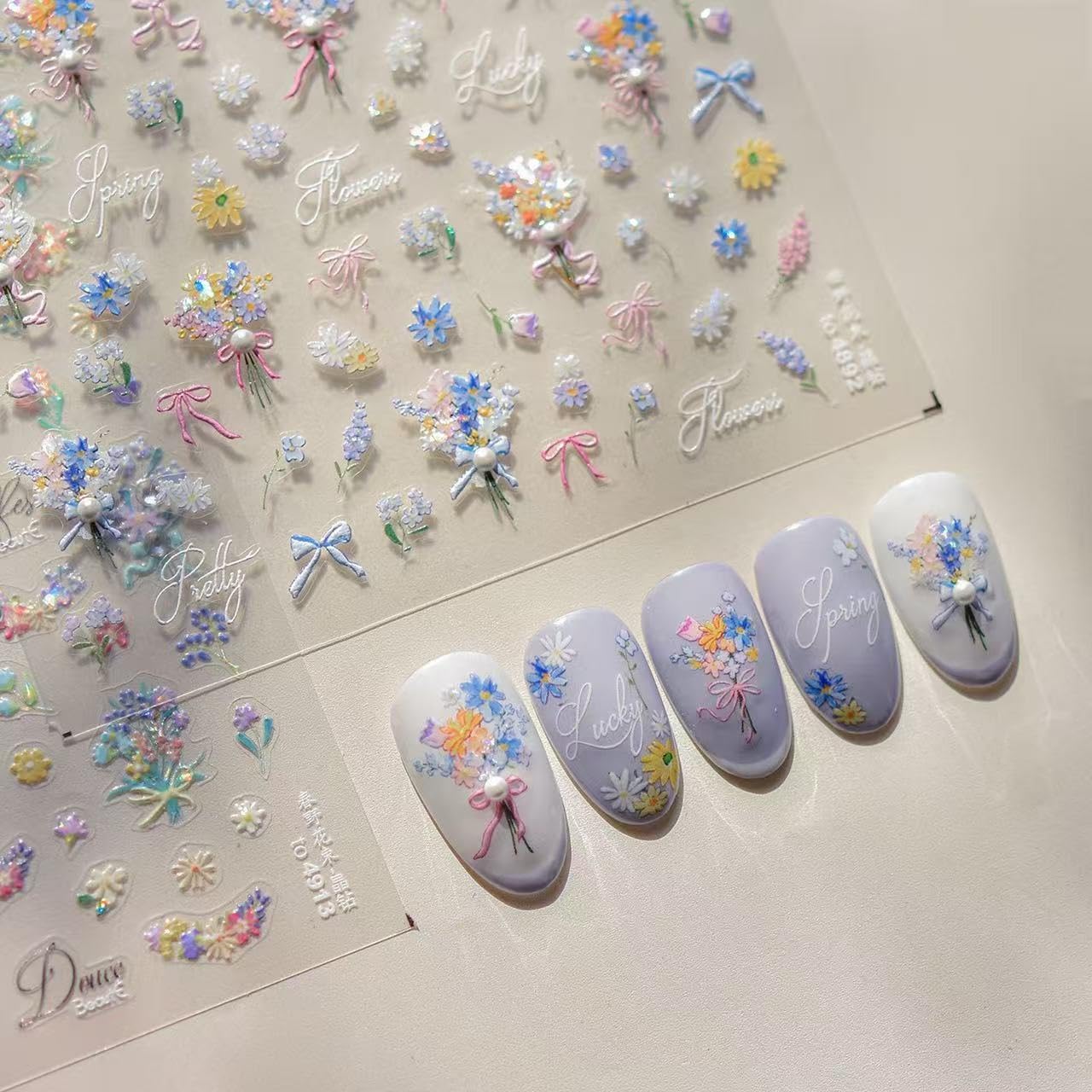 Flower Nail Art Stickers Spring Flower Nail Stickers 5D Embossed Retro Floral Design Flowers Self-Adhesive Nails Art Supplies for Women Summer