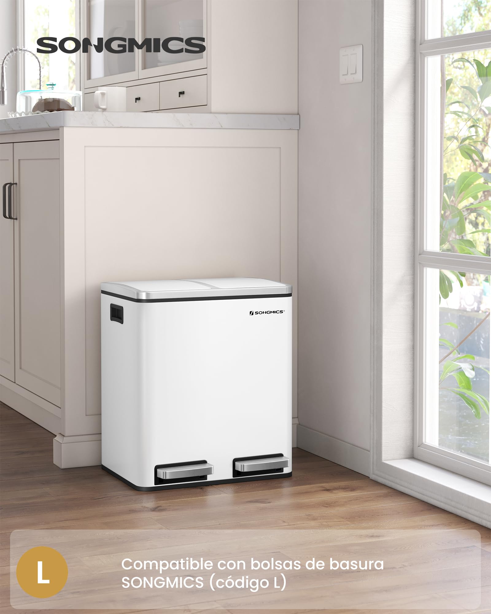 SONGMICS Cubo de Basura de Cocina, 2 x 15 L, Cubo con Cubeta Doble para Reciclaje y Residuos, con Pedal, Tapas de Cierre Suave, para Familias Pequeñas, Acero, Blanco Nube LTB30WT