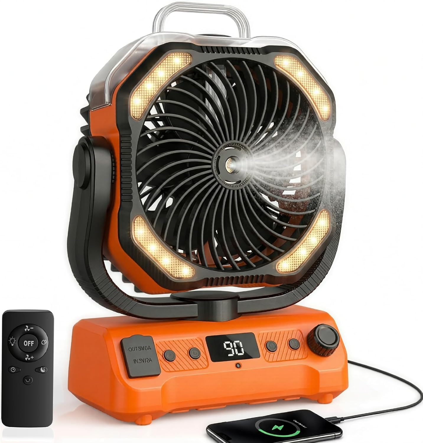 lollyes Camping Misting Fan with Dual Motor, 20000mAh Battery Powered, Rechargeable Portable Fan, Remoter, 360° Hook, Stepless Speed, for Outdoor, Office, Travel, Fishing, RV, Beach(Orange)