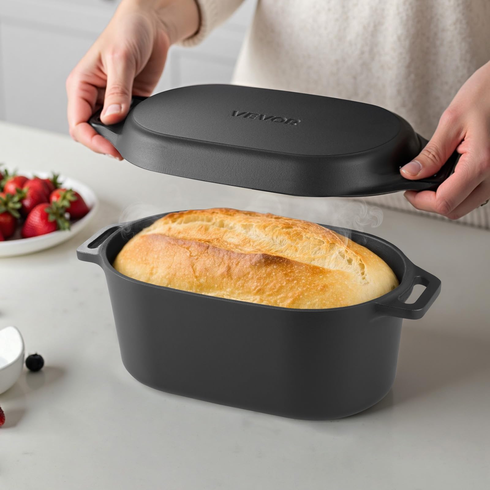 VEVOR Horno Holandés de Hierro Fundido Esmaltado de 3,31 L, para Hornear Pan de Masa Madre, Olla Robusta con Tapa y Asas, hasta 260 °C, para Guisos, Cocinar y Freír, Negro, 330 x 170 x 150 mm