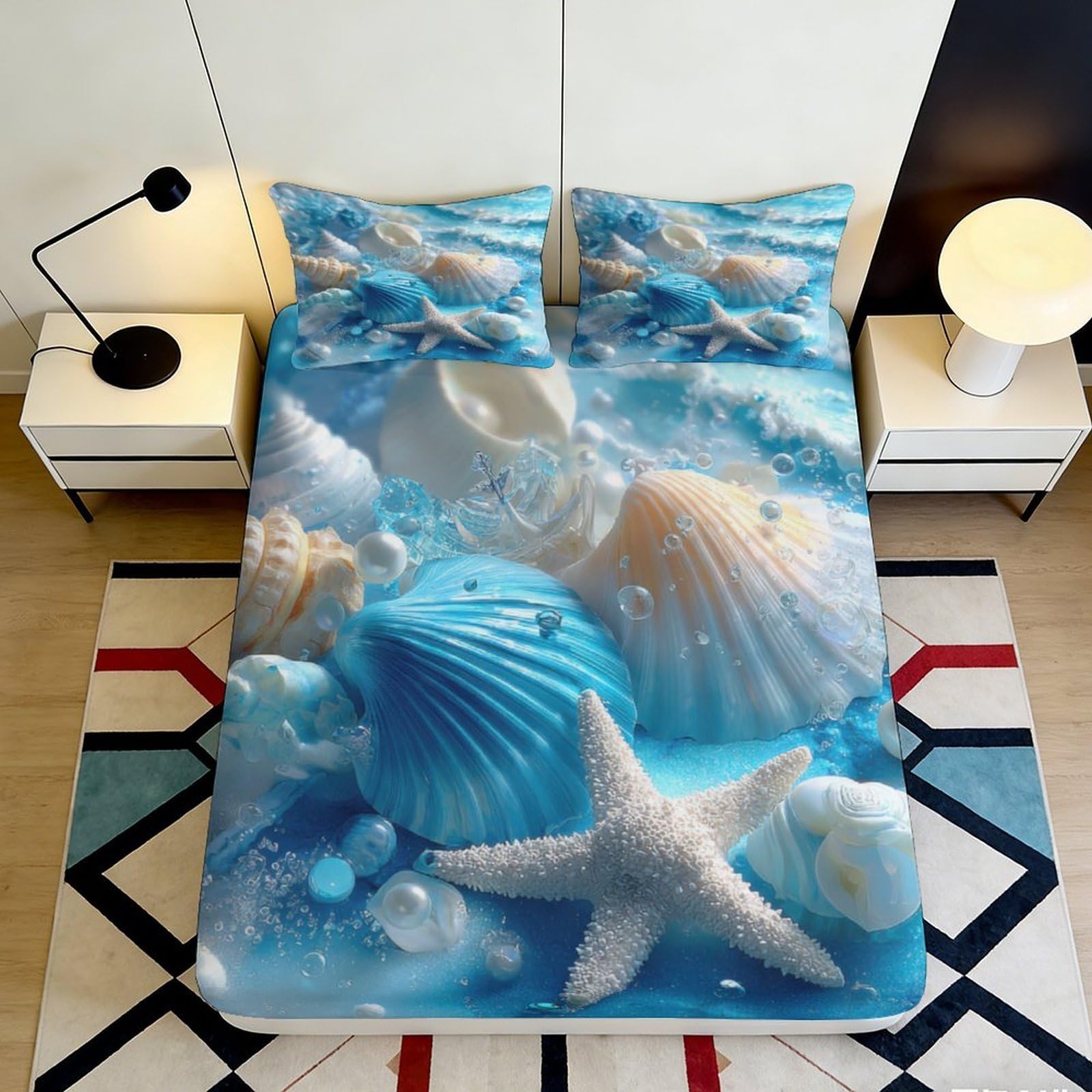 3D Printed Ocean Seashell Fitted Sheet Microfiber Deep Pocket Bedroom Bedding Nautical Mattress Fitted Cover Non-Slip Washable 200x200x25cm