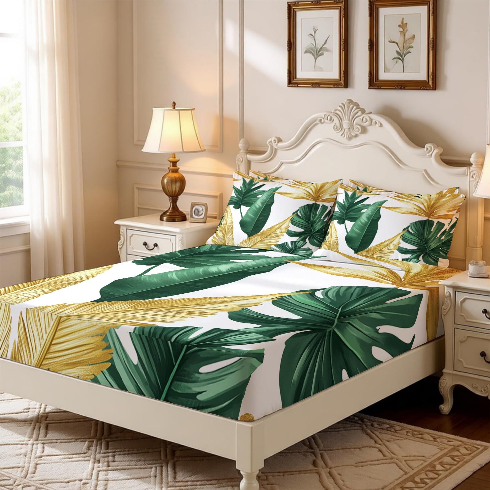 Lenzuolo con Angoli 180 x 200 cm Microfibra foglie di piante tropicali Lenzuolo Sotto Elasticizzato Profondo 25 cm oro per Singolo e Matrimoniale