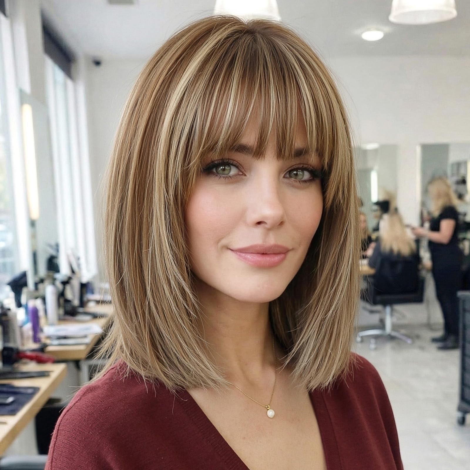Photo 1 of ELLORS 12 Inch Brown Mixed Blonde Human Hair Wig, Bob Wig Human Hair, Human Hair Wig With Bangs, Real Hair Wigs For Women, real human hair wigs