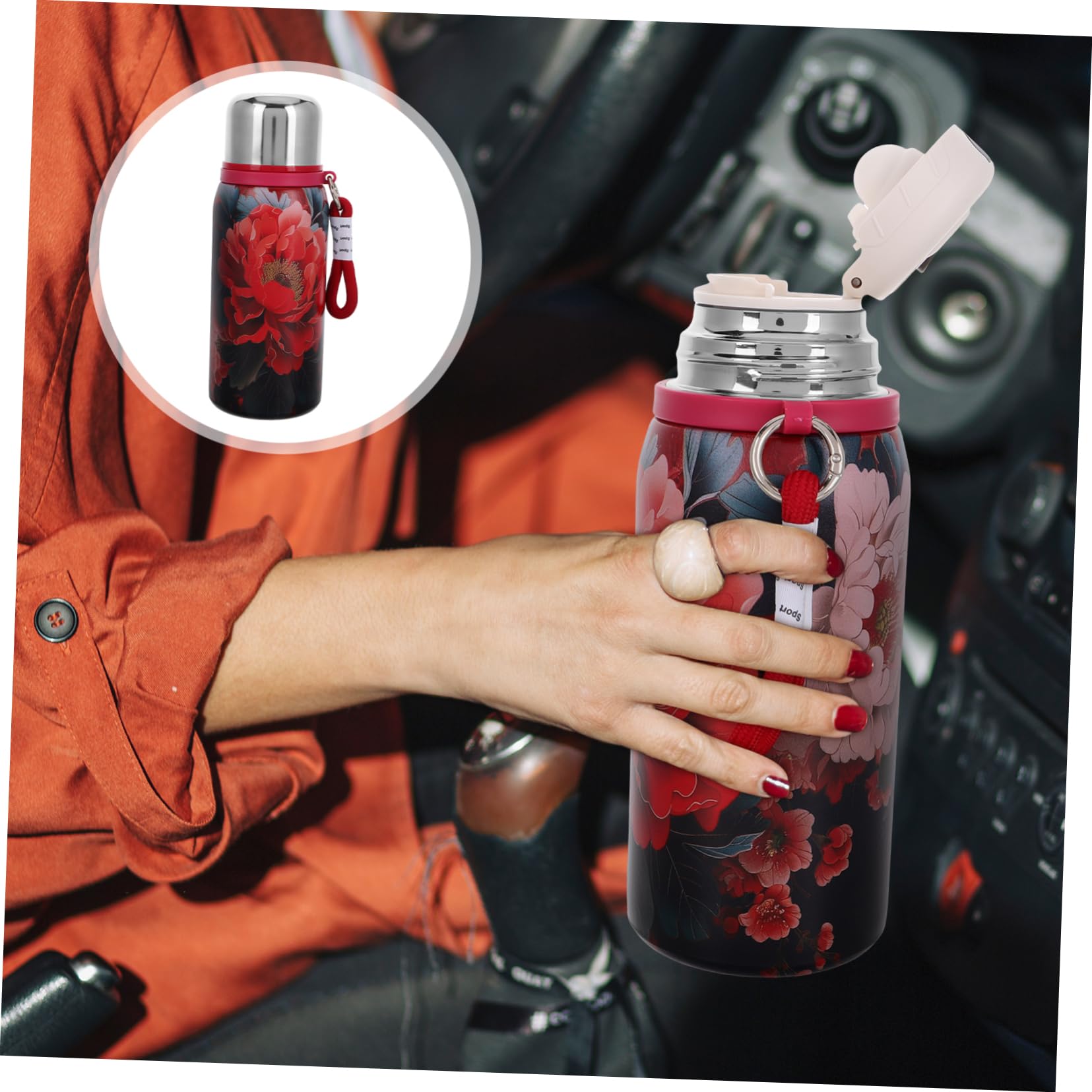 Botella Térmica de Acero Inoxidable 304 de 600 Ml Diseño Floral, Fácil de Limpiar y Portátil para Viajes y Ocasiones de Negocios