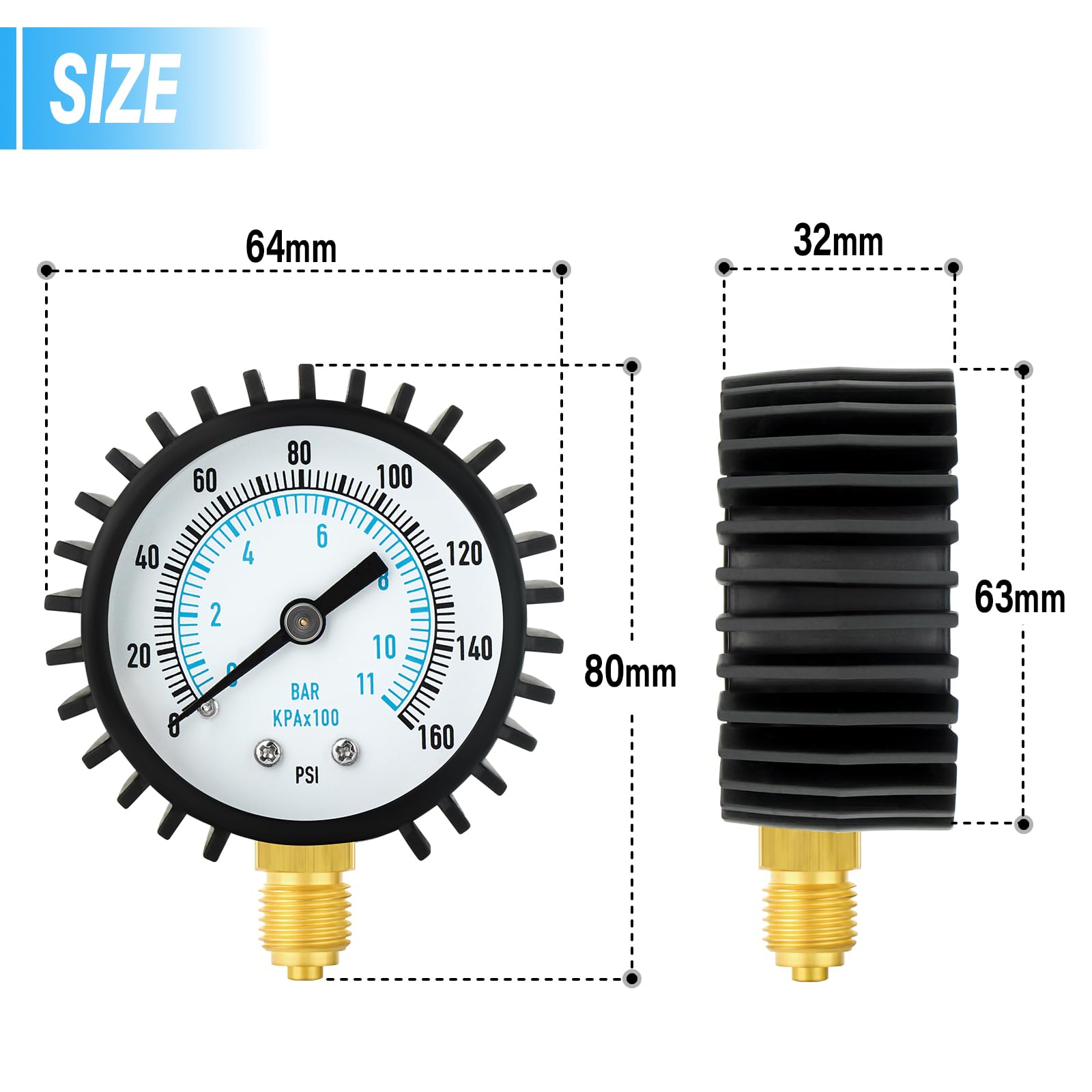 Manometro per pressione dell'acqua 0-11 Bar/0-160 Psi, quadrante da 2" in acciaio inossidabile Manometro per pressione di alimentazione dell'acqua con raccordo per rubinetto flessibile