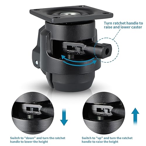 Miniatura 3 de Skelang Rueda de nivelación de 4 piezas, ruedas retráctiles con mango de trinquete, rueda giratoria ajustable para banco de trabajo resistente,
