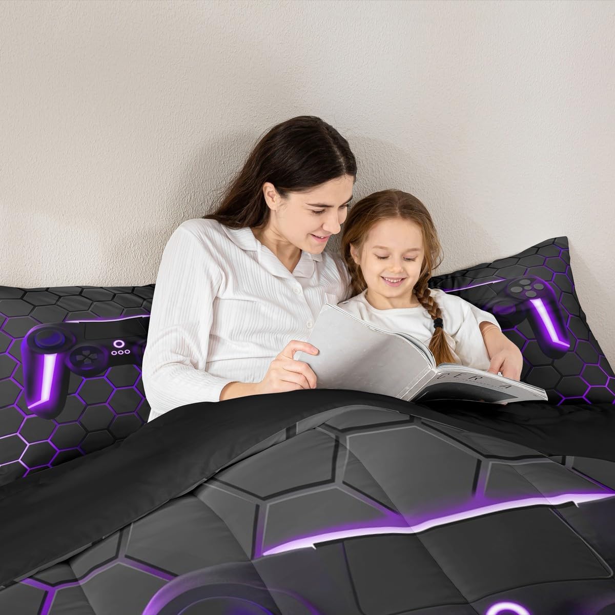 Game Bedding Sets For Boys,Gaming Comforter Set Twin,Kids Gamer Duvet Set Neon Lights Gamepad Bed Set For Teen Men Bedroom,Honeycomb Hexagon Reversible Comforter With 1 Pillow cover,Purple