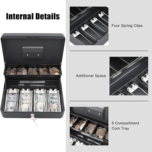 Miniatura 3 de xydled Caja de efectivo con bandeja de dinero y cerradura de llave, caja de seguridad con bandeja para efectivo, caja de seguridad con llave,