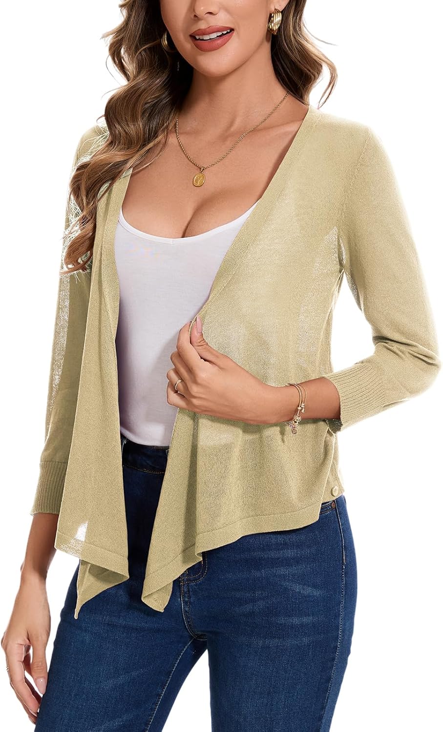 MINTLIMIT Women's Tie Front Cardigan Casual 3/4 Sleeve Bolero Shrug Knotted Lightweight Sheer Shrug Cardigan Sweater Top - Image 2