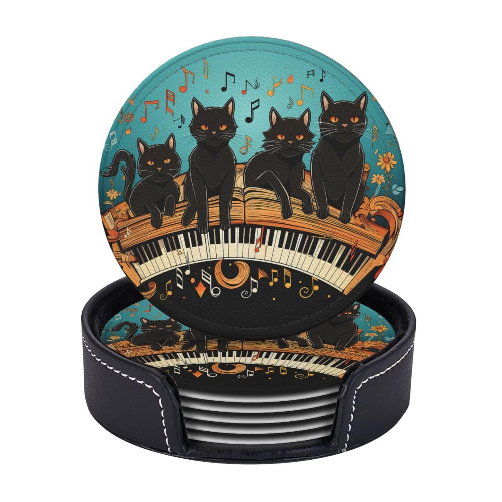 Round Coasters for Drinks Set of 6 - PU Leather Coasters with Holder - Modern Drink Coasters for Coffee Table - Four Black Cats Coaster for Tabletop Protection 4" Cup Mat Pad
