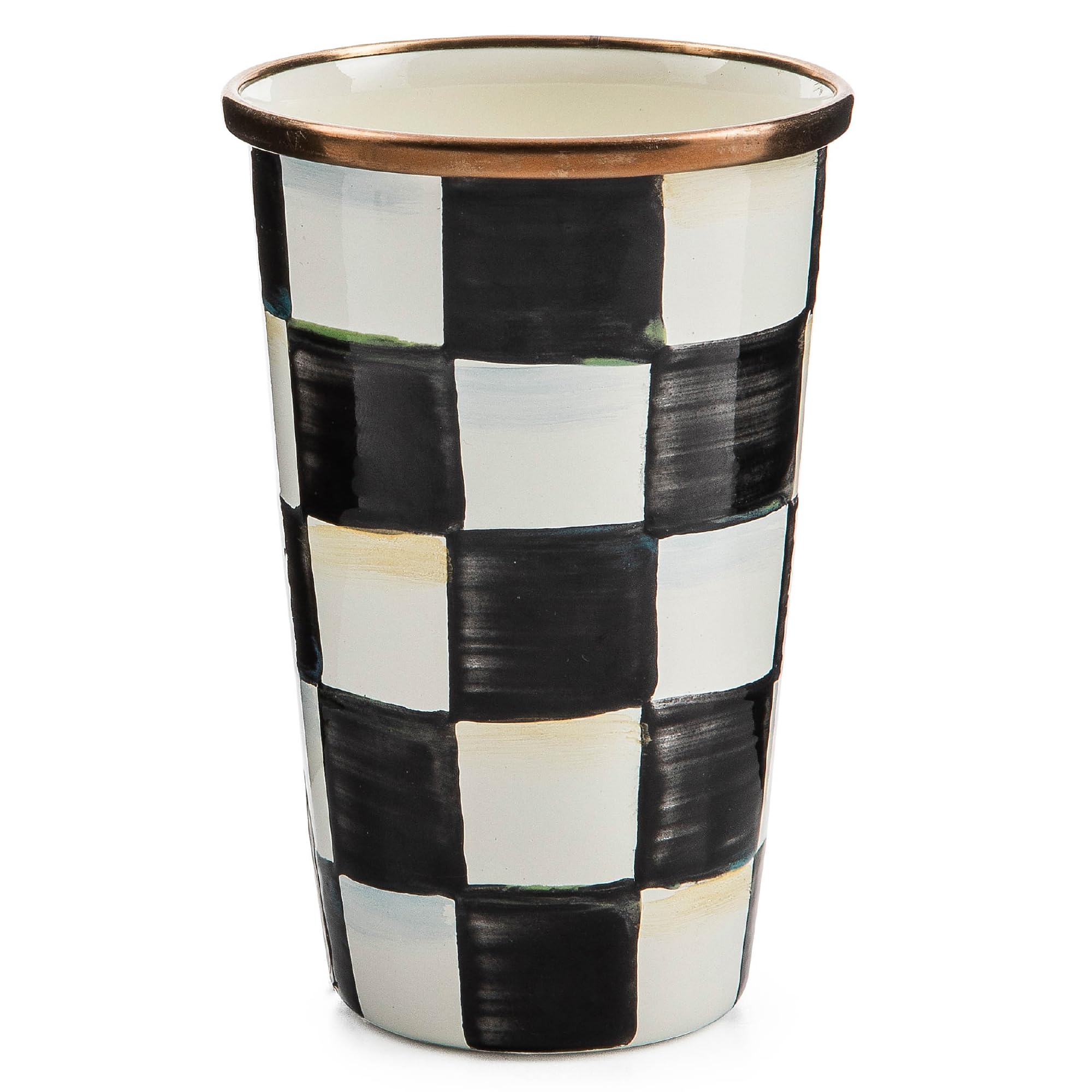 MACKENZIE-CHILDSEnamel Tumbler, Open Tumbler Cup, Cute Enamelware Cup, 10 Ounces, Black-and-White Courtly Check