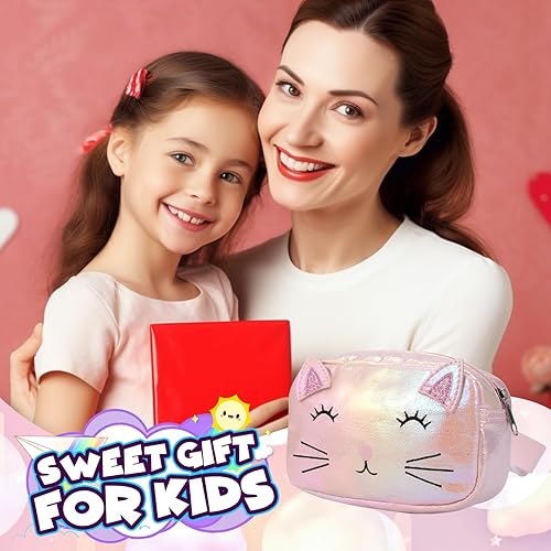 Miniatura 9 de PinkSheep Riñonera para niños y niñas, cangurera de unicornio y gato, bolsa para cinturón para niñas y niñas, cinturón ajustable para niños,