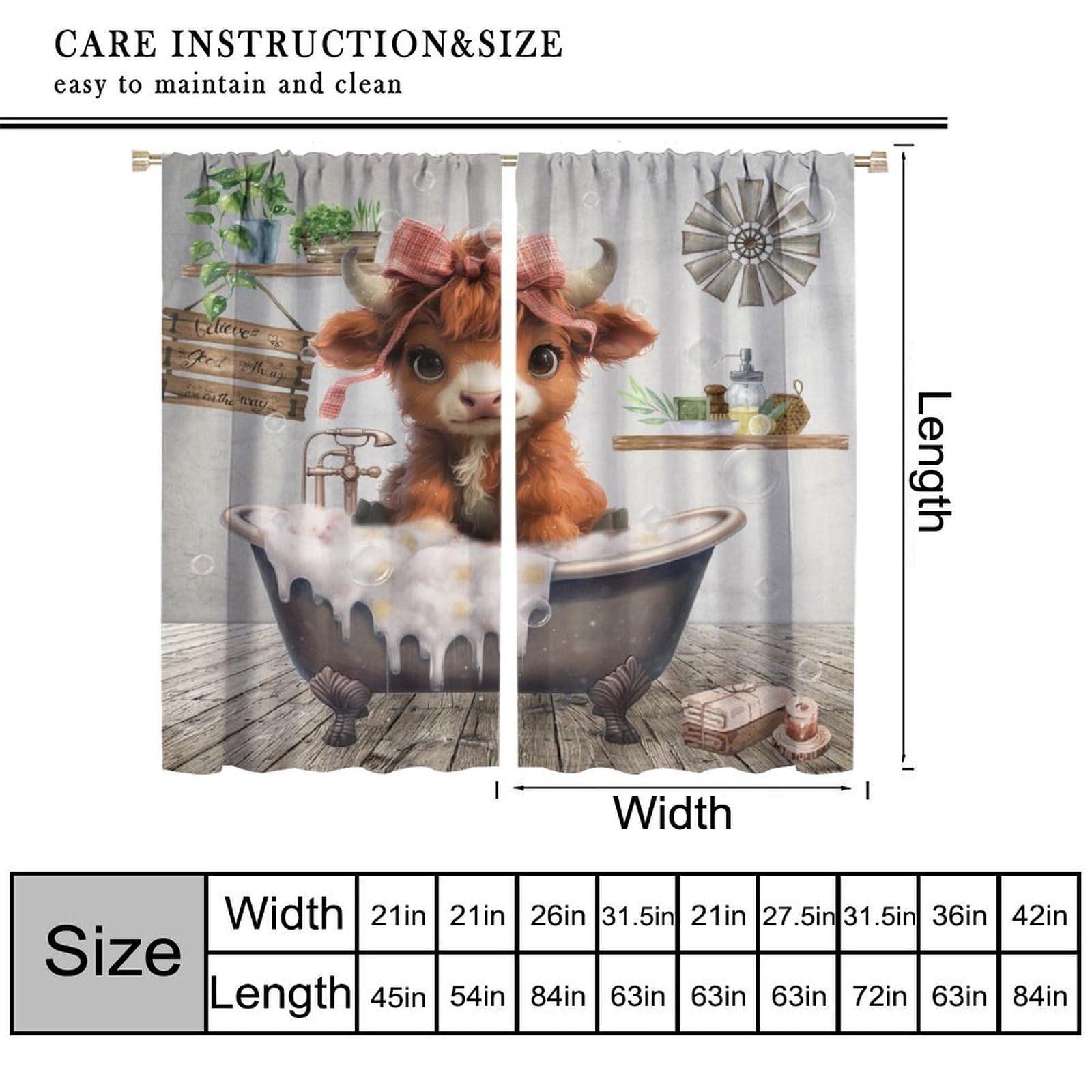 Funny Cattle Curtains, Retro Rustic Bathtub Showering Highland Cow Wood Windmill Dreamy Bubble Pattern Window Treatments, Blackout Rod Pocket Drapes for Kid for Living Room Bedroom Bathroom 42x45in