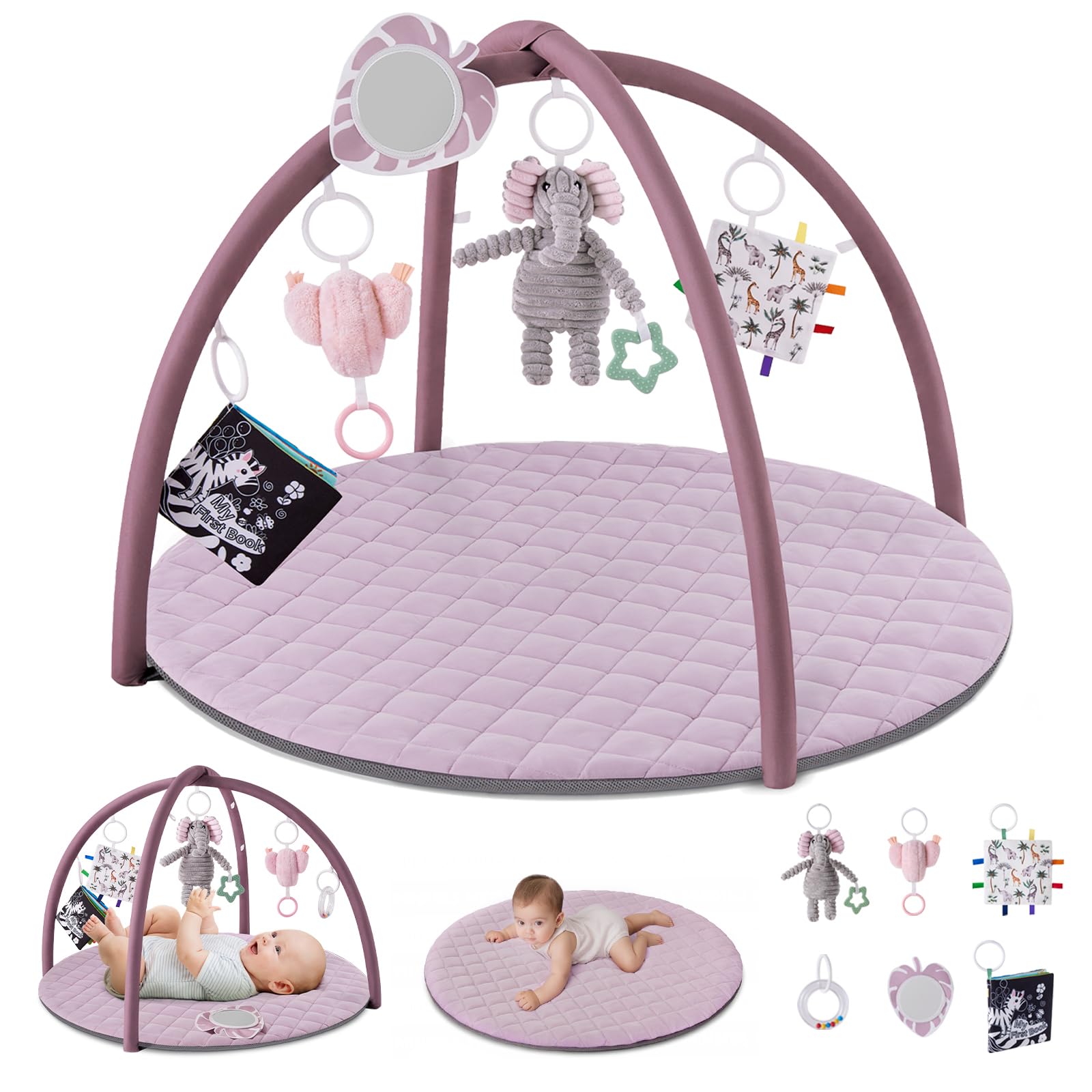Blissful Diary Spielbogen Baby, Spieldecke Baby Gym Activity Decke mit 6 Abnehmbare Spielzeuge, krabbeldecke Einfach zu Installieren und zu Reinigen, Unverzichtbare Babygeschenke, Lavendelrosa