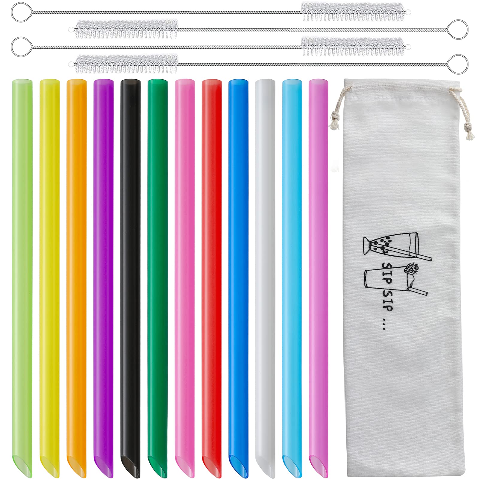 12 Pcs Angled Tips Reusable Boba Straws & Smoothie Straws - Multi Colors Jumbo Wide Reusable Straws, BPA FREE Food-Grade Plastic Straws for Bubble Tea(Tapioca, Boba Pearls), Milkshakes with 2 Brushes