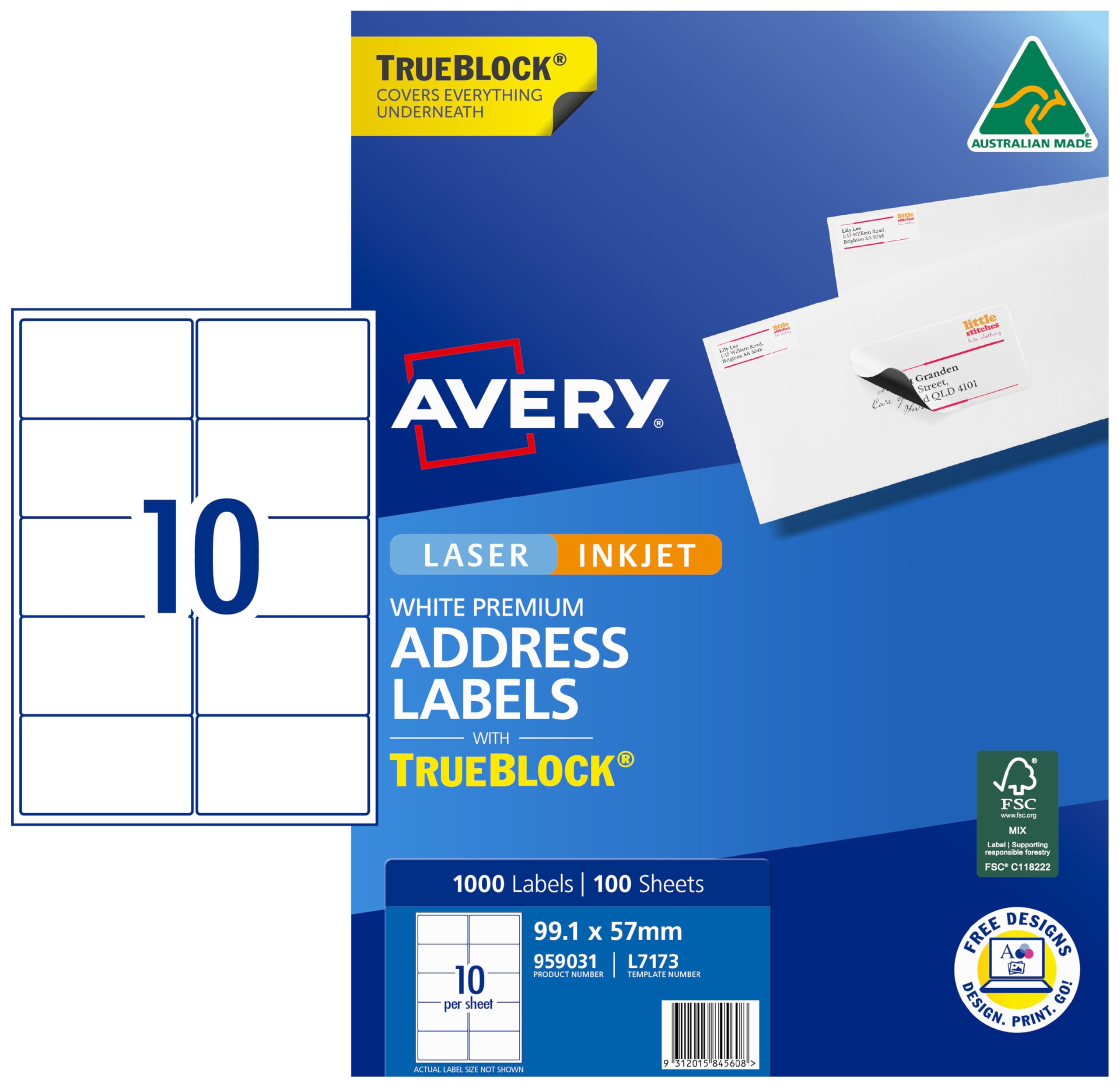 Avery Etiquetas de envío con Trueblock® para impresoras láser, 99,1 x 57 mm, 1000 etiquetas (959031 / L7173)