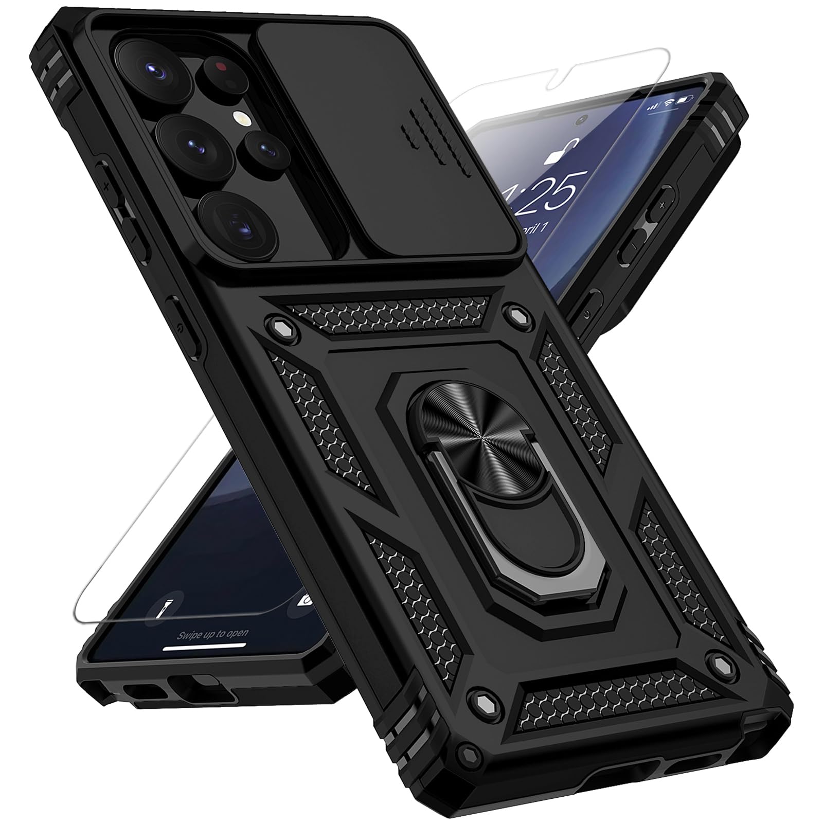 for Samsung Galaxy S25 Ultra Case with Slide Camera Cover HD Screen Protector [Military Grade Drop Tested] Magnetic Ring Holder Kickstand Protective Phone Case for Samsung Galaxy S25 Ultra 2025, Black