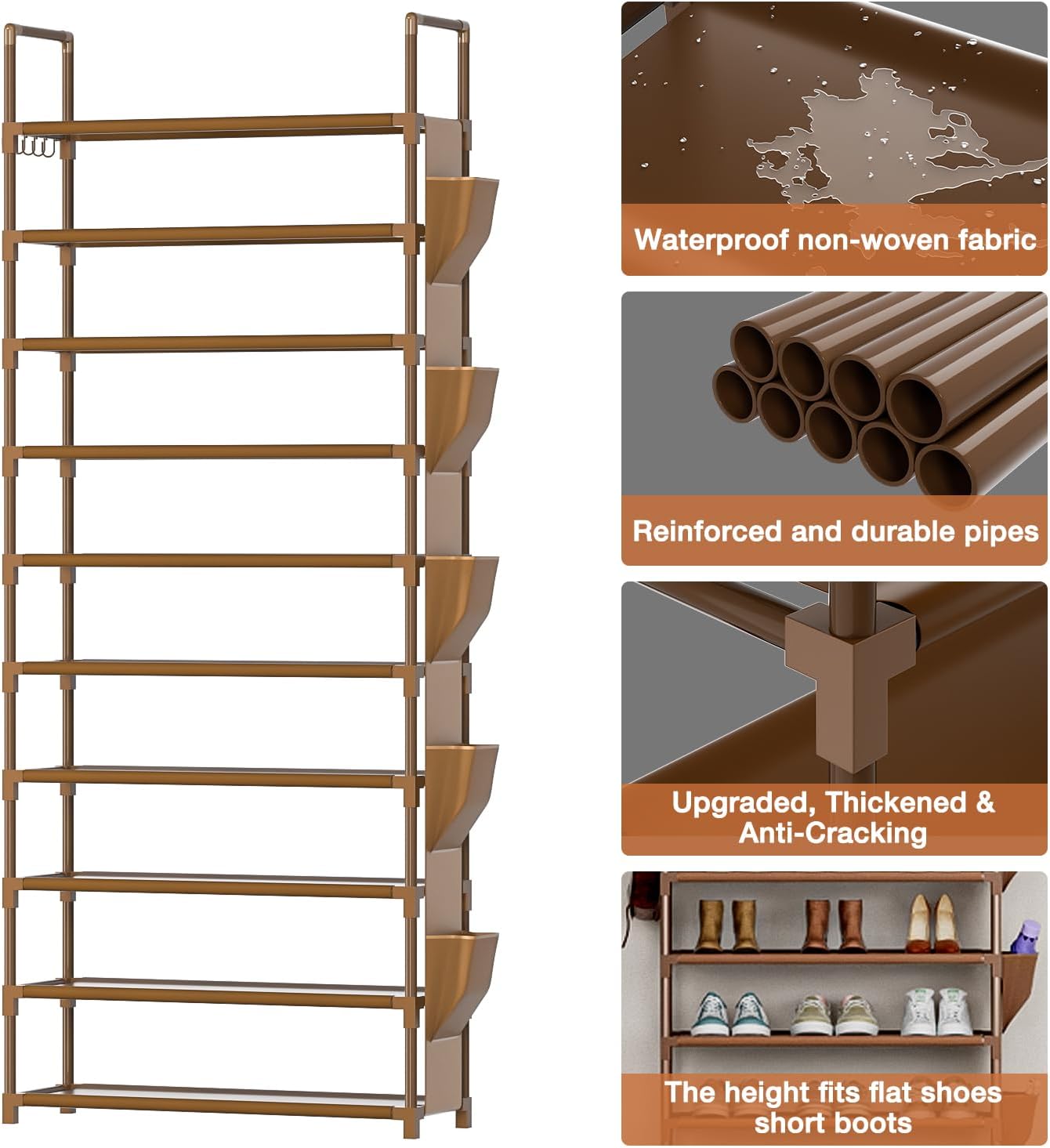LUKYTOWER Tall Shoe Rack - 10 Tier Organizer for Closet, 30-35 Pairs, Large Capacity with 5 Hooks and Side Pocket, Sturdy Metal Shoe Shelf, Vertical Shoe Stand Tower