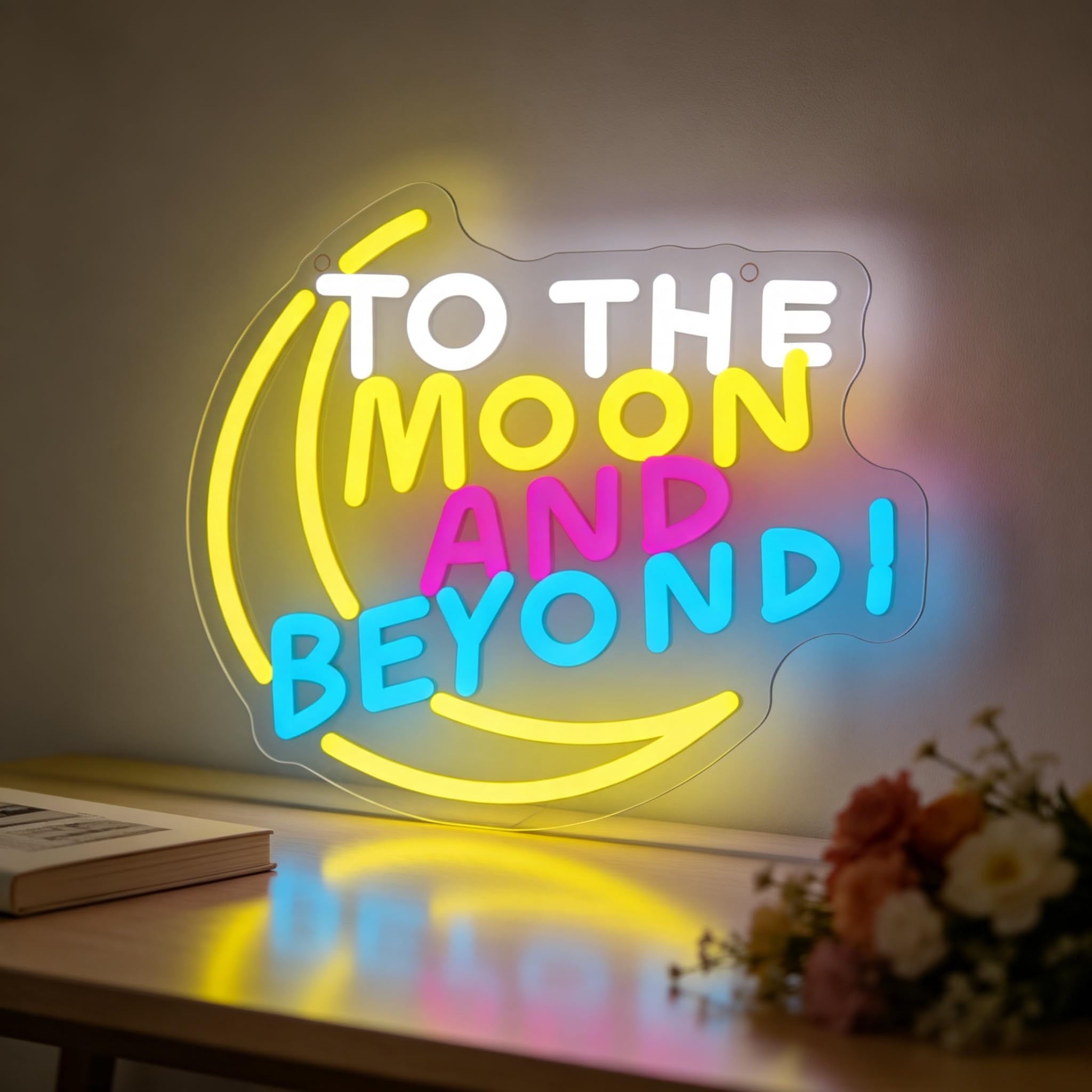 To the Moon and Beyond Neon Sign LED Neon Moon Sign Light Up for Wall Decor, Dimmable USB Powered Neon Light for Balcony Patio Bedroom Game Room Club Party Gift 11.02”x9.44” — image 1