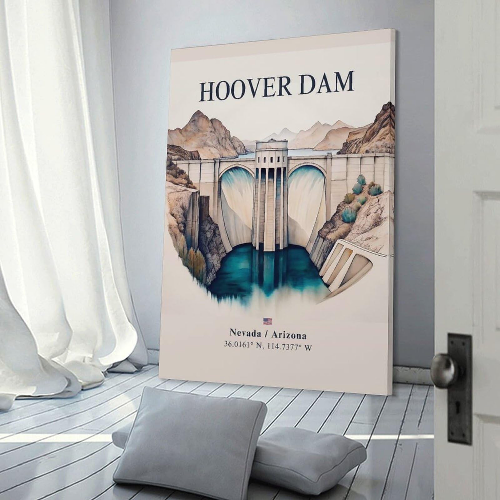 Junmoney Hoover Dam Travel Canvas Wall Art, 24x36inch(60x90cm), for Bedroom, Guest Room Or Reading Nook, Decorative Wall Art for Cosy Rooms
