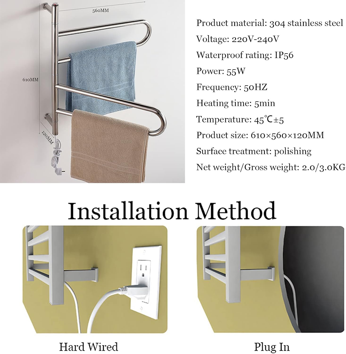 Rotatable Heated Towel Warmer Racks Wall Mounted Electric Towel Warmer Rack 55W Smart Electric Towel Rack Stainless Steel Heated Towel Rails with Swivel Arm Towel Dryer,Chrome (Har