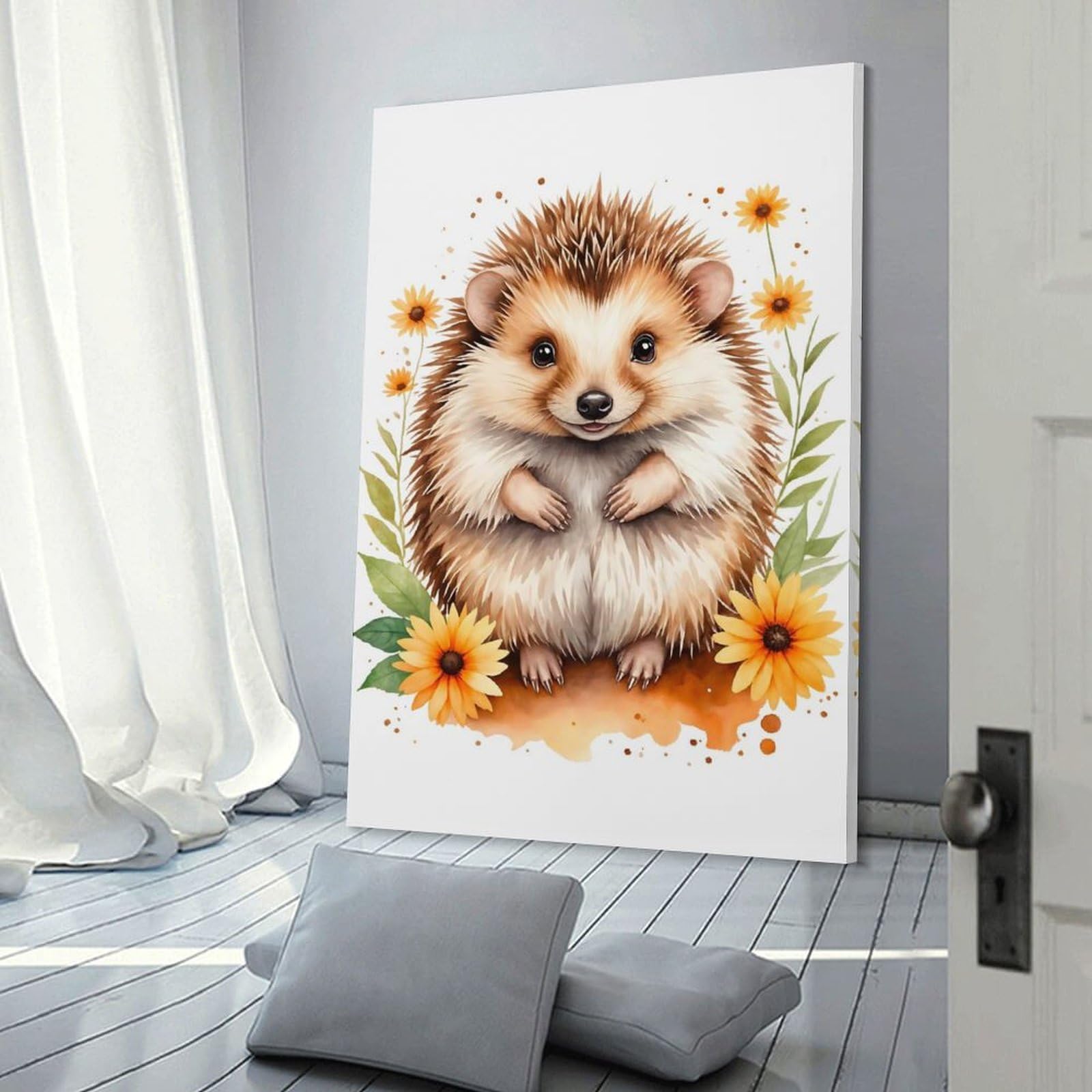 Junmoney Frame-Style Cute Hedgehog Watercolor Canvas Wall Art, 20X30inch(50X75cm), For Workspace Walls, Study Corners Or Bedrooms, An Interior Accent For Desk Areas