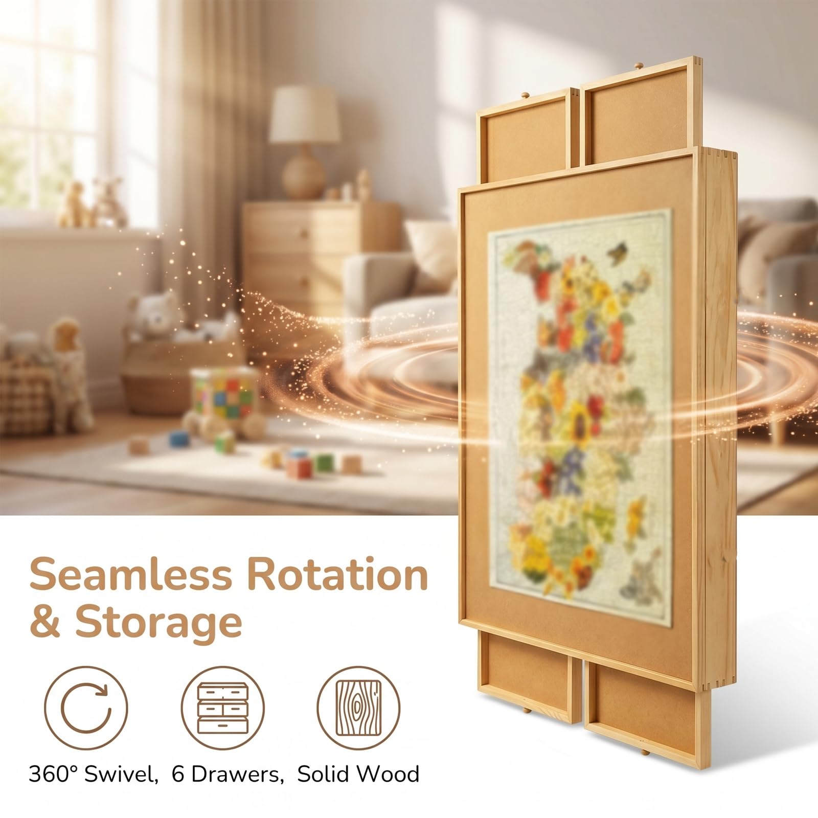 Tavola puzzle in legno con coperchio, tavolo puzzle girevole, tavole puzzle da tavolo e contenitore con 6 cassetti, superfici antiscivolo, risparmiare spazio, per compleanni, giochi, adulti e bambini