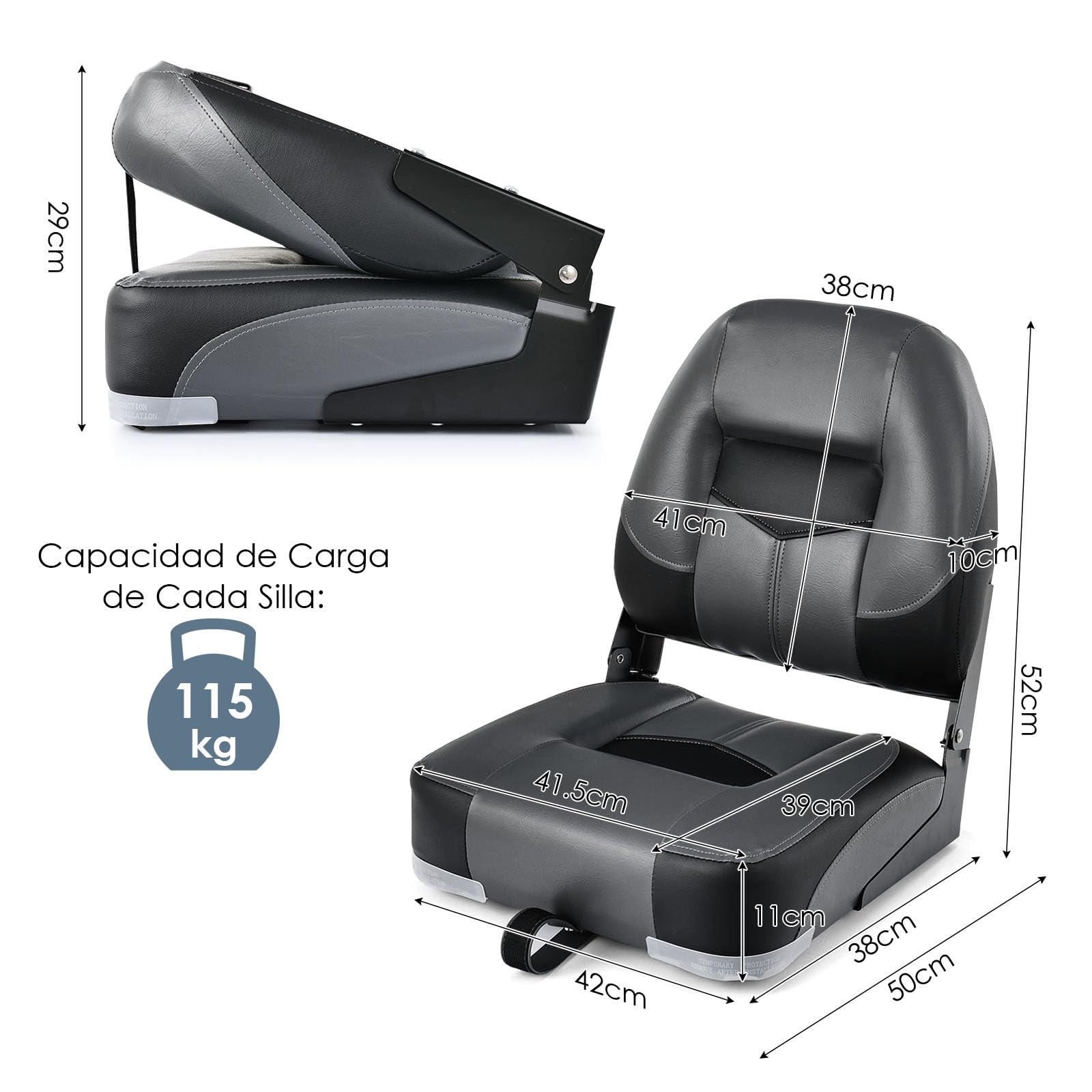 GYMAX Juego de 2 Asientos para Barco con Respaldo Alto, Sillas de Barco Plegables y Acolchadas, 42 x 50 x 52 cm, Asiento para Pescadores Plegable para Barcos (Negro)