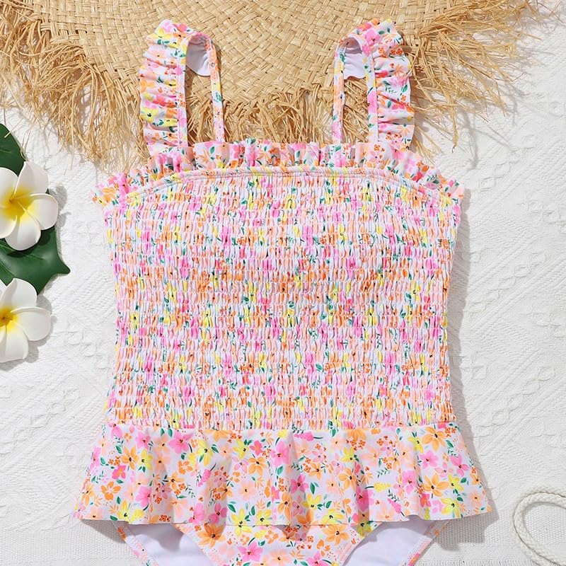 Girls Cute Floral Print Ruffle Straps Smocked Swimsuit 1 Piece Kids Modest Bathing Suit Beach Romper3