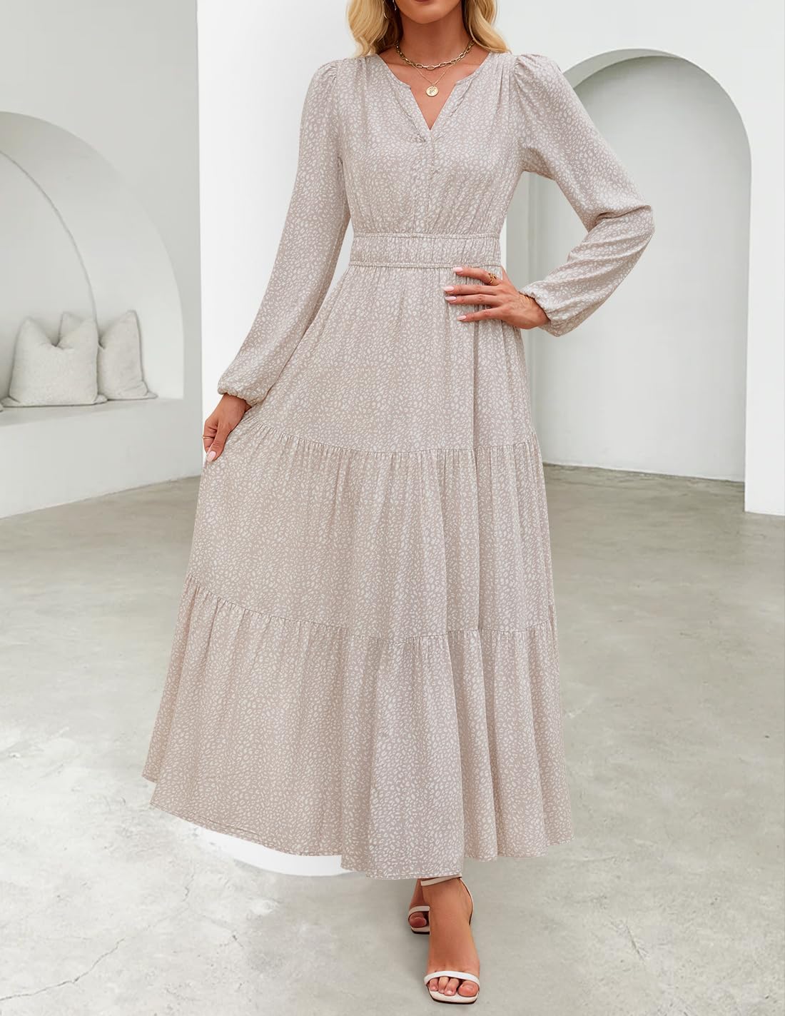 ZESICA Spring Dresses for Women 2026 Long Sleeve Boho Floral V Neck Empire Waist A Line Casual Flowy Wedding Guest Maxi Dress - Image 3