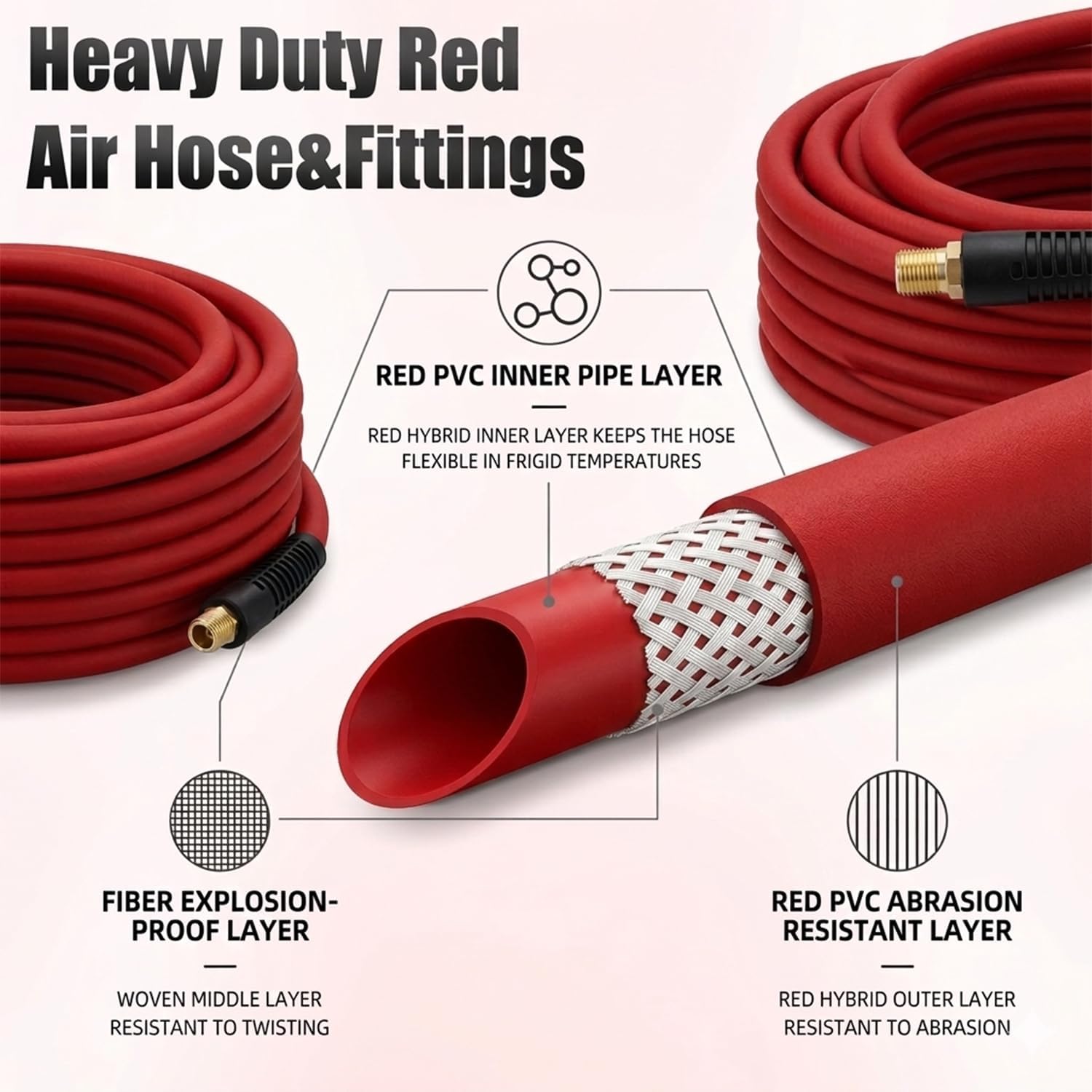Air Hose 3/8 in x 50 ft, 300 PSI, Hybrid Air Compressor Hose with Double 1/4 in MNPT Solid Brass Fittings, Heavy Duty, Lightweight, Kink Resistant