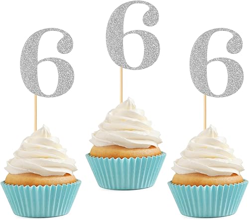 Miniatura 1 de 24 piezas de decoración para cupcakes de 6 cumpleaños con purpurina número 6 para cupcakes de seis años para feliz sexto cumpleaños, aniversario,