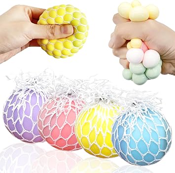 Stress Balls for Kids Fidget Toys Adults Mesh Grape Stress Ball 4Pack Squishy Toys Fidget Squish Dough Ball Autism Sensory Toys for Autistic Children Stress Relief Toy Party Favors for 8-12