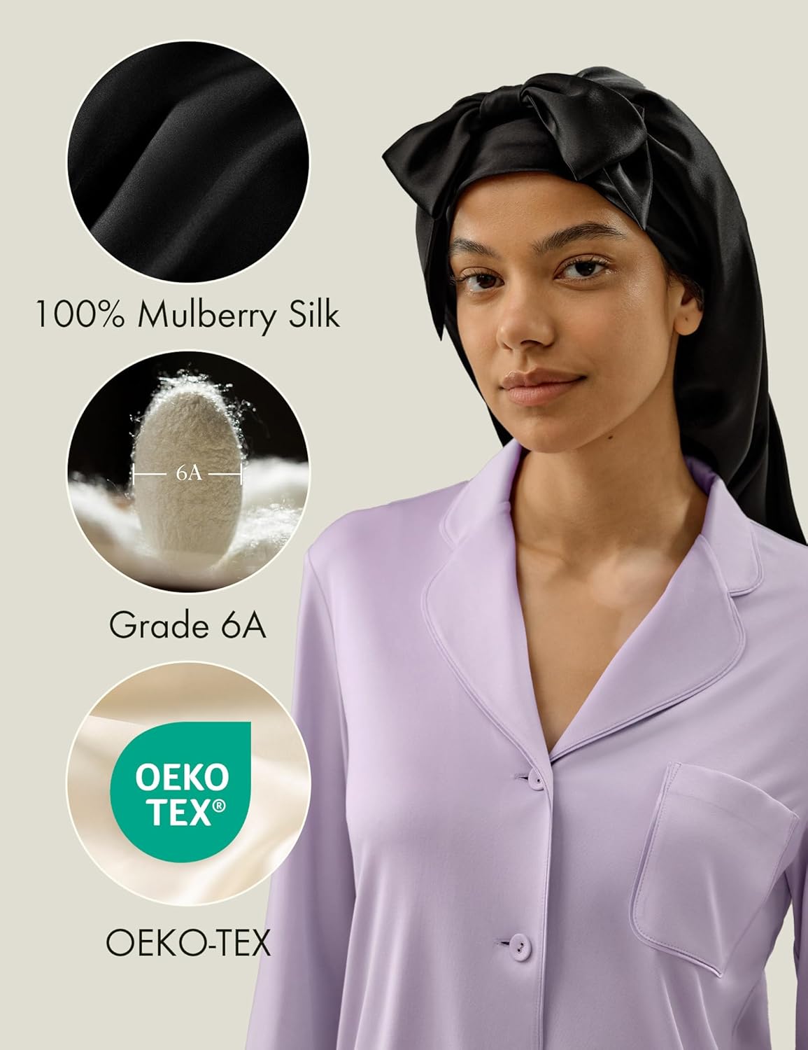 LilySilk 100% Mulberry Silk Sleep Cap Women Extra Long Tie Bow Silk Bonnet Night Hair Wrap - Image 2