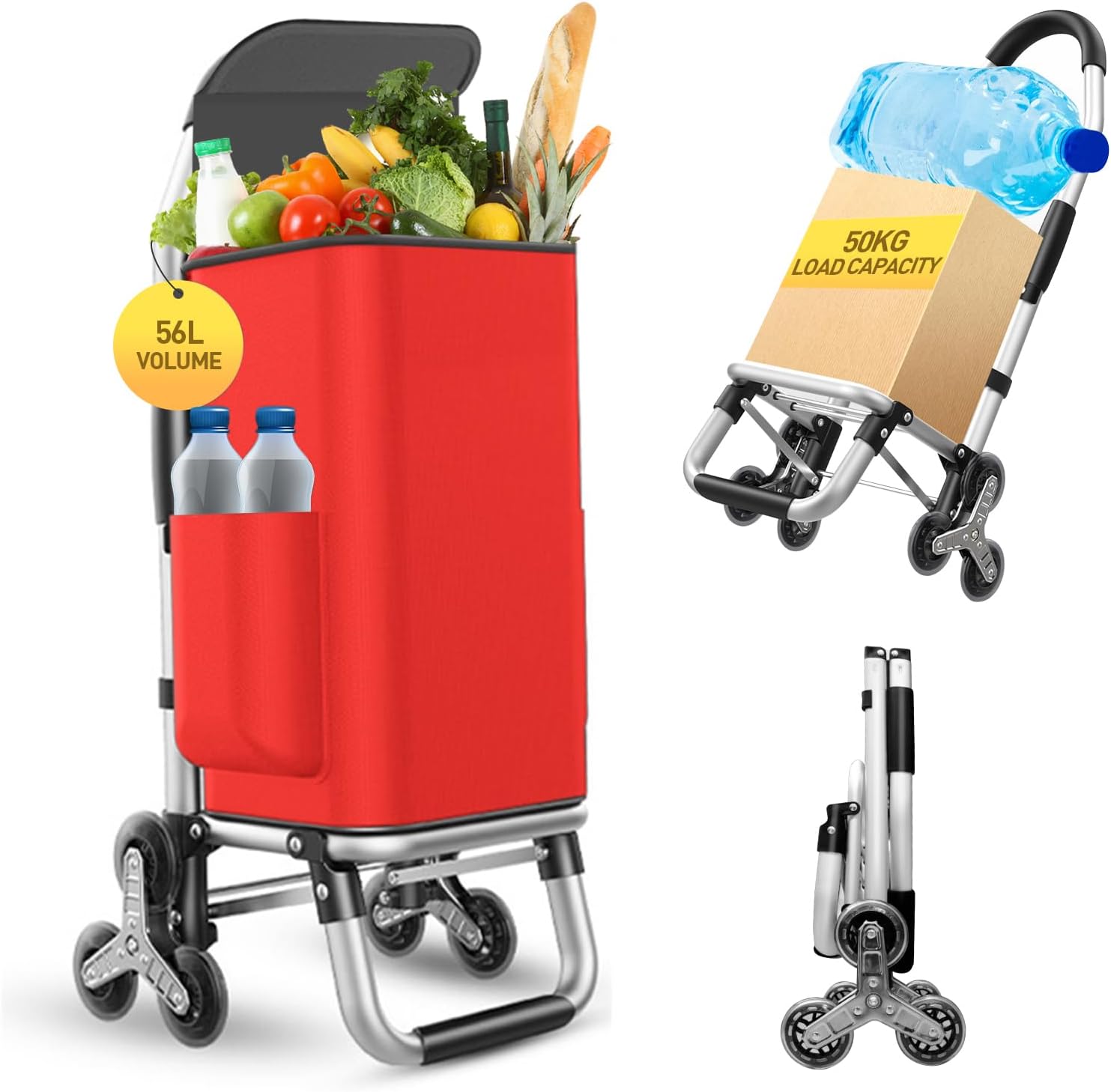 Heavy Duty 3 in 1 Shopping Cart, Foldable Hand Truck with 6 Wheels, 110 lbs Grocery Cart, Portable Utility Dolly, Waterproof Bag for Moving, Camping