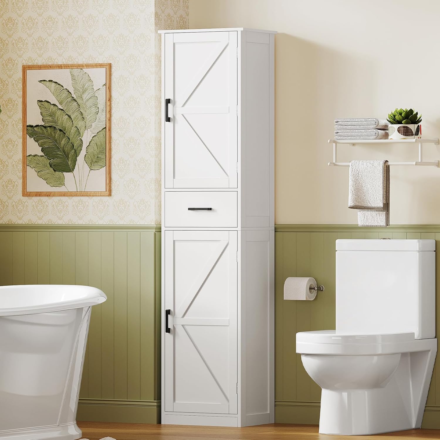 Tall white cabinet in a bathroom