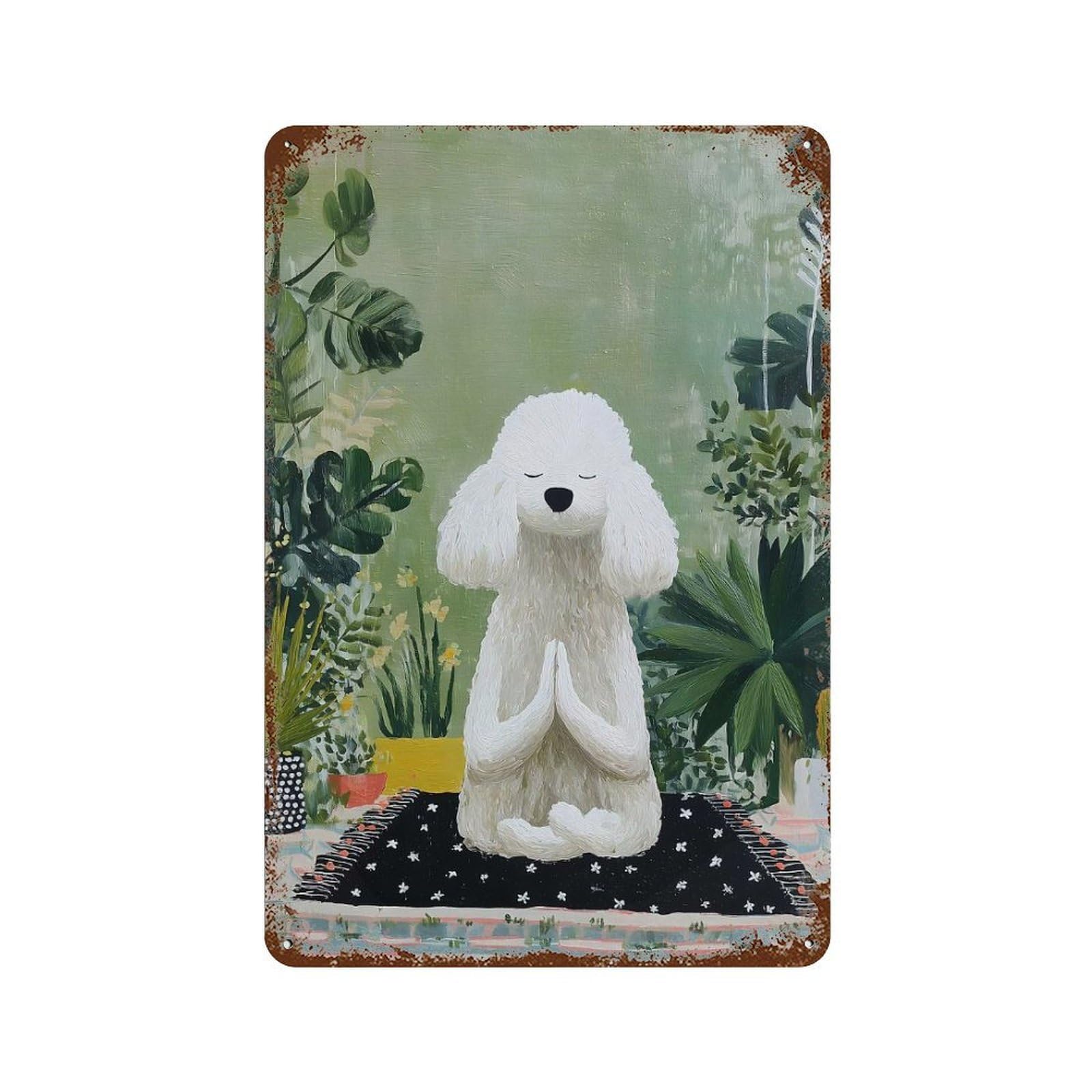 Meditating Poodle in A Garden Painting Distressed Metal Wall Sign 11.8"x7.9", Ideal for Pub, Kitchen And Man Cave Decor