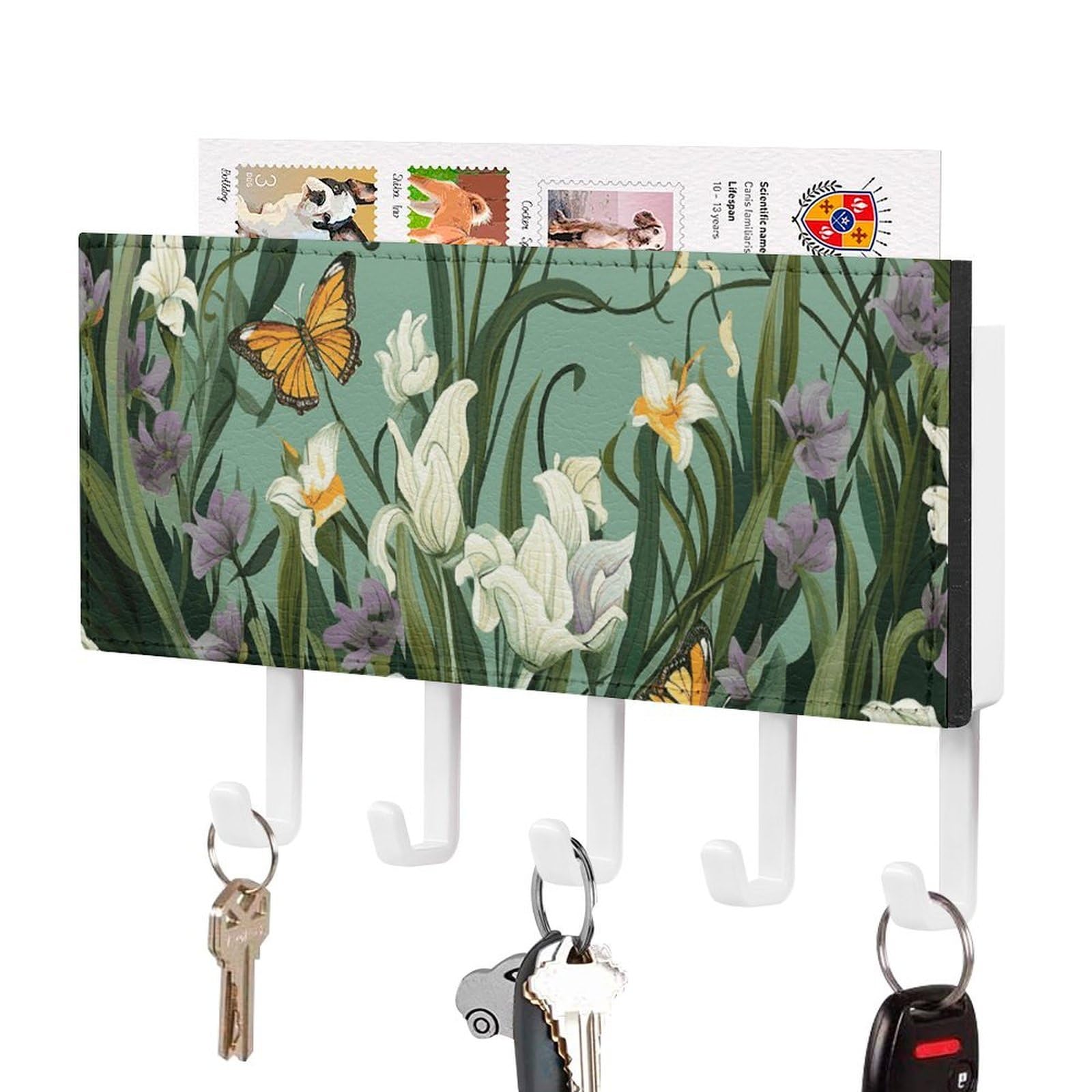 JTREHY Flowers and Butterflies on Green Background Holder Wall-Mounted Key and Mail Holder,Key Rack with 5Keys Hooks, Easy to Install Mail Organizer for Entryway, Front Door, Hallway, Office