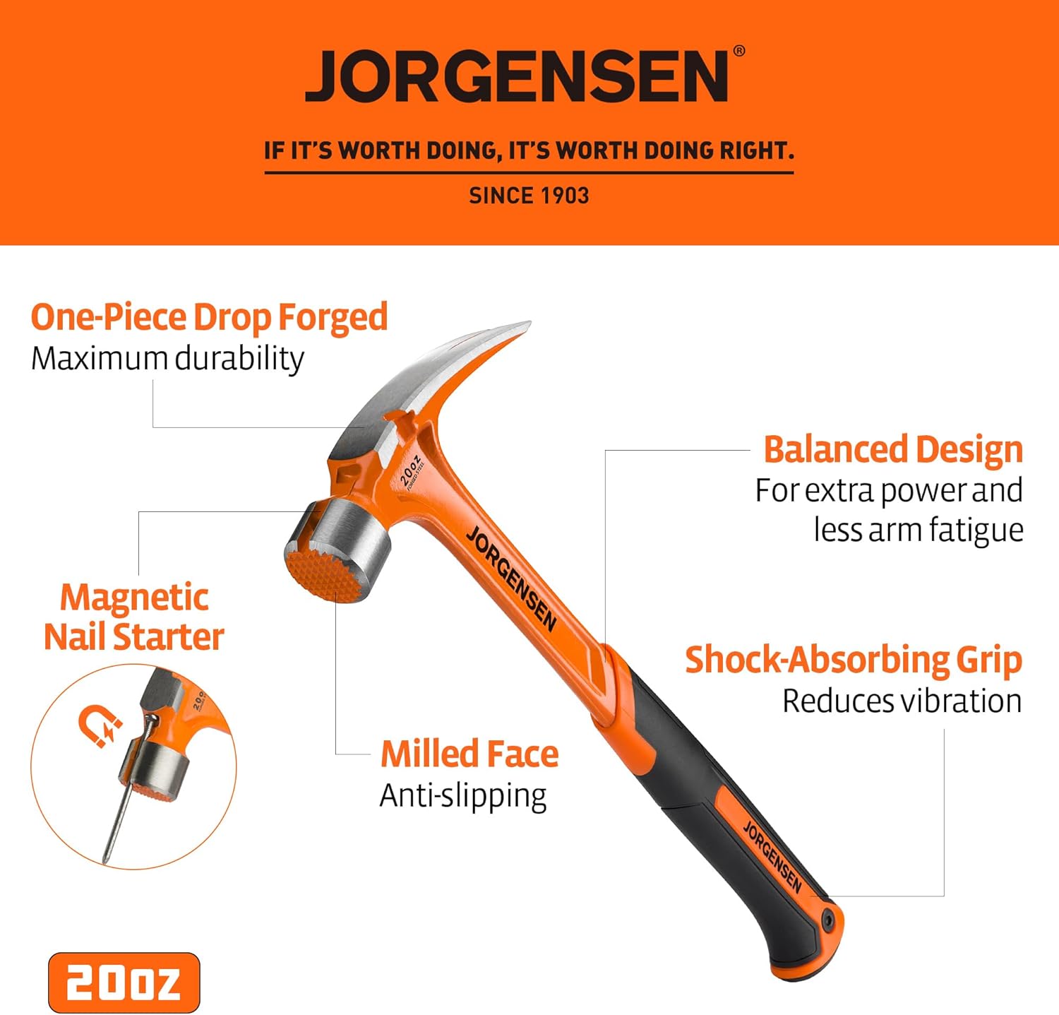 Jorgensen 20 oz Straight Claw Hammer with Magnetic Nail Holder, Rip Claw Hammer with Milled Face, Side Nail Puller, Shock Absorbing Grip, Heavy Duty One-piece Forged Hammer