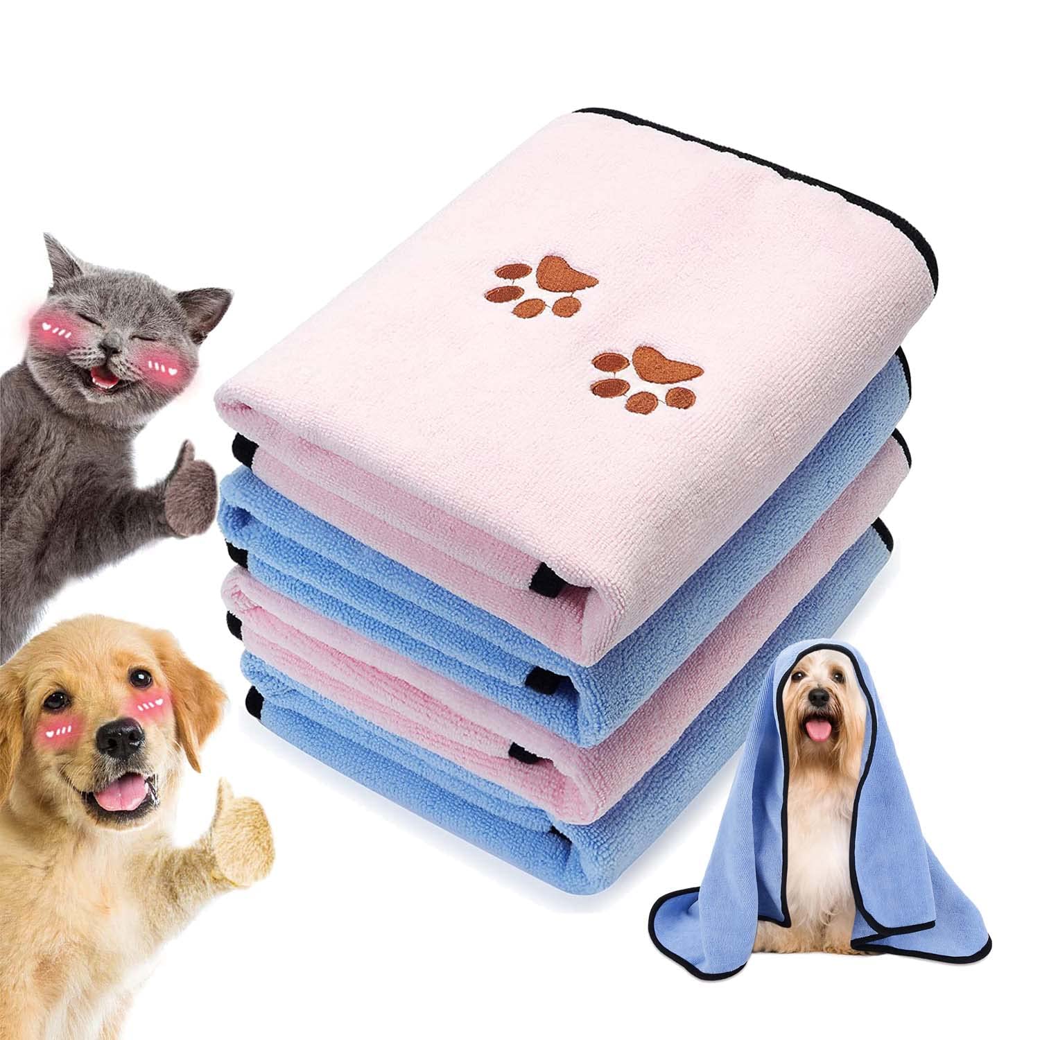 SYOSI Dog Towels Blanket for Drying Dogs Microfiber Dog Towel Soft Absorbent Pet Bath Towel Dog Drying Grooming Towel with Embroidered Paw for Pet Dogs Cats Bathing and Grooming (2Pcs Pink+2Pcs Blue)