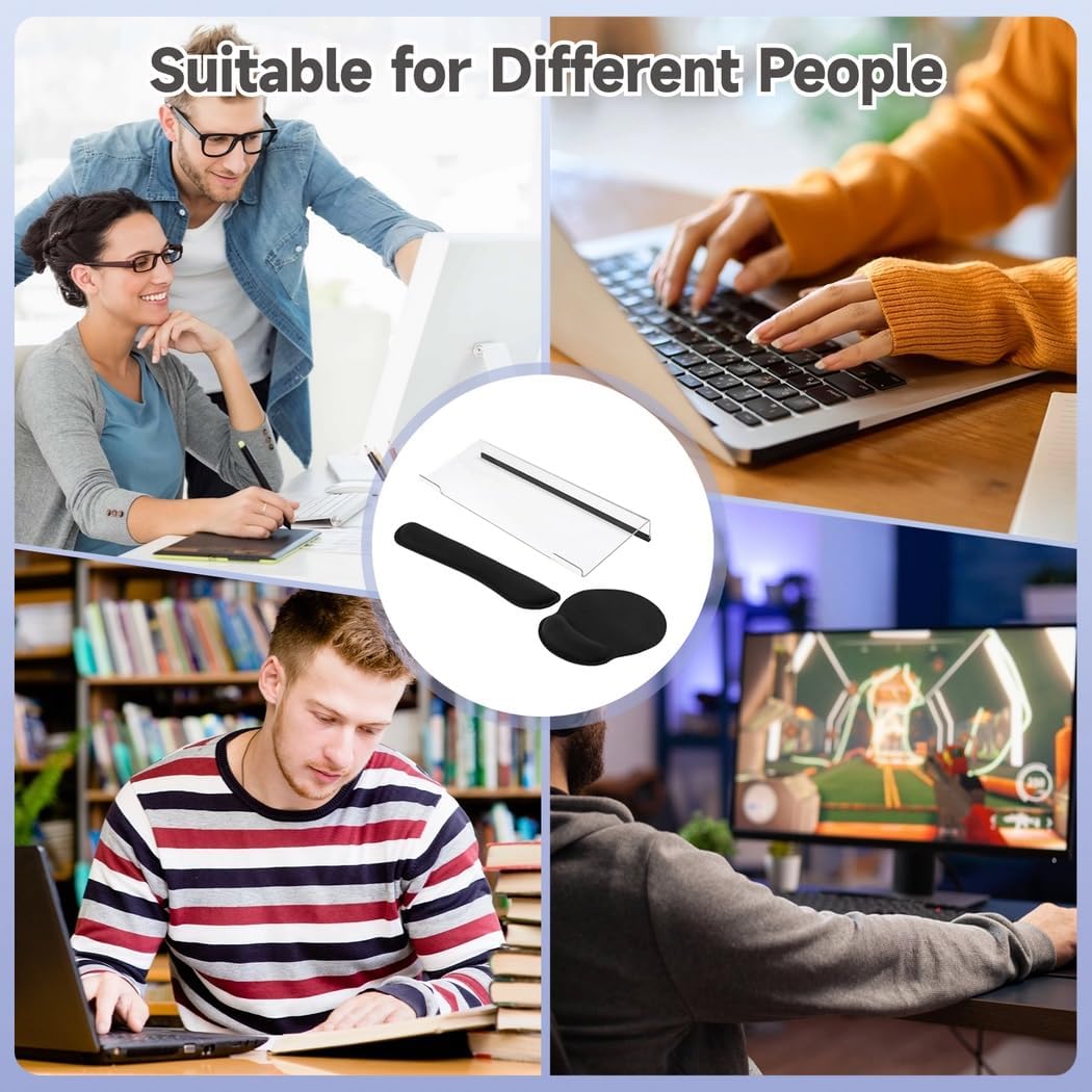 3 Pcs Elevated Acrylic Keyboard Riser Wrist Rest Set Stand, Tilting Non-Slip Mouse Pad Wrist Rest, Keyboard Holder for Typing Ergonomic Working, Memory Foam Wrist Supports