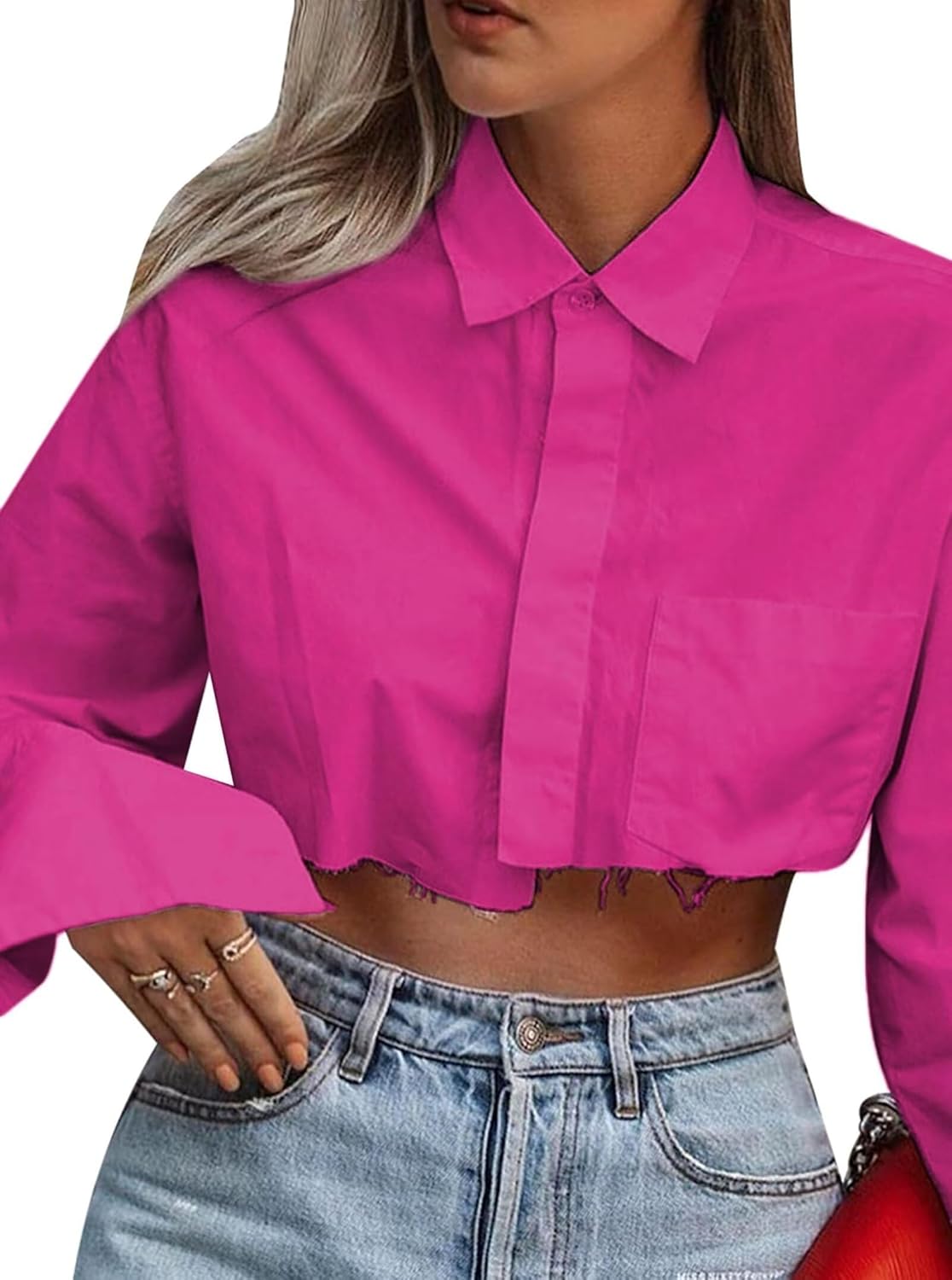 Women Cropped Button Down Shirt Asymmetric Hem Long Sleeve Collared Blouse Top - Image 3