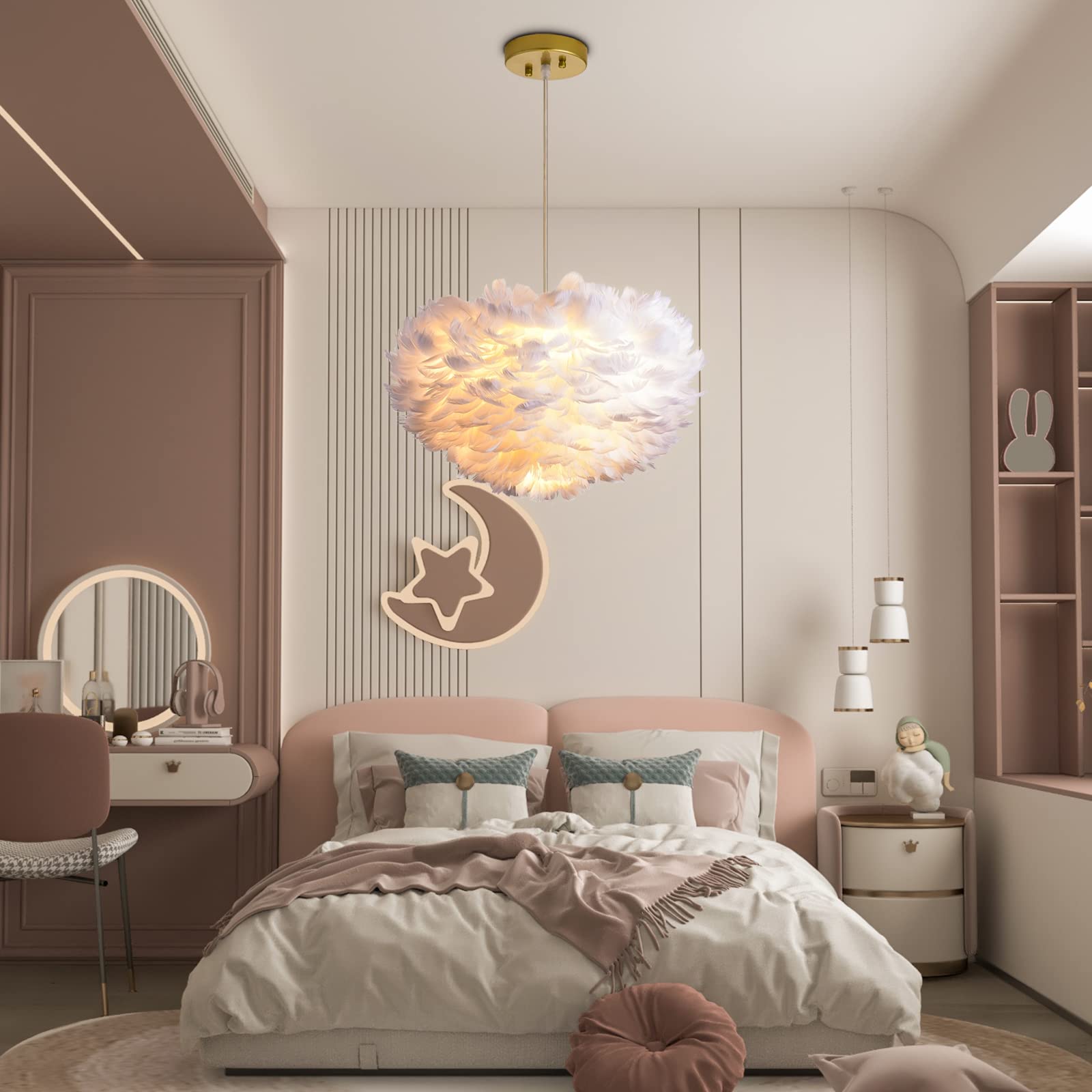 GGBBJJ Nordic Feather Pendant Light, 3 Lights Modern Romantic Ceiling Hanging Lamp, White Creative Art Feather Shade Chandelier, Indoor, 17.7 Inch