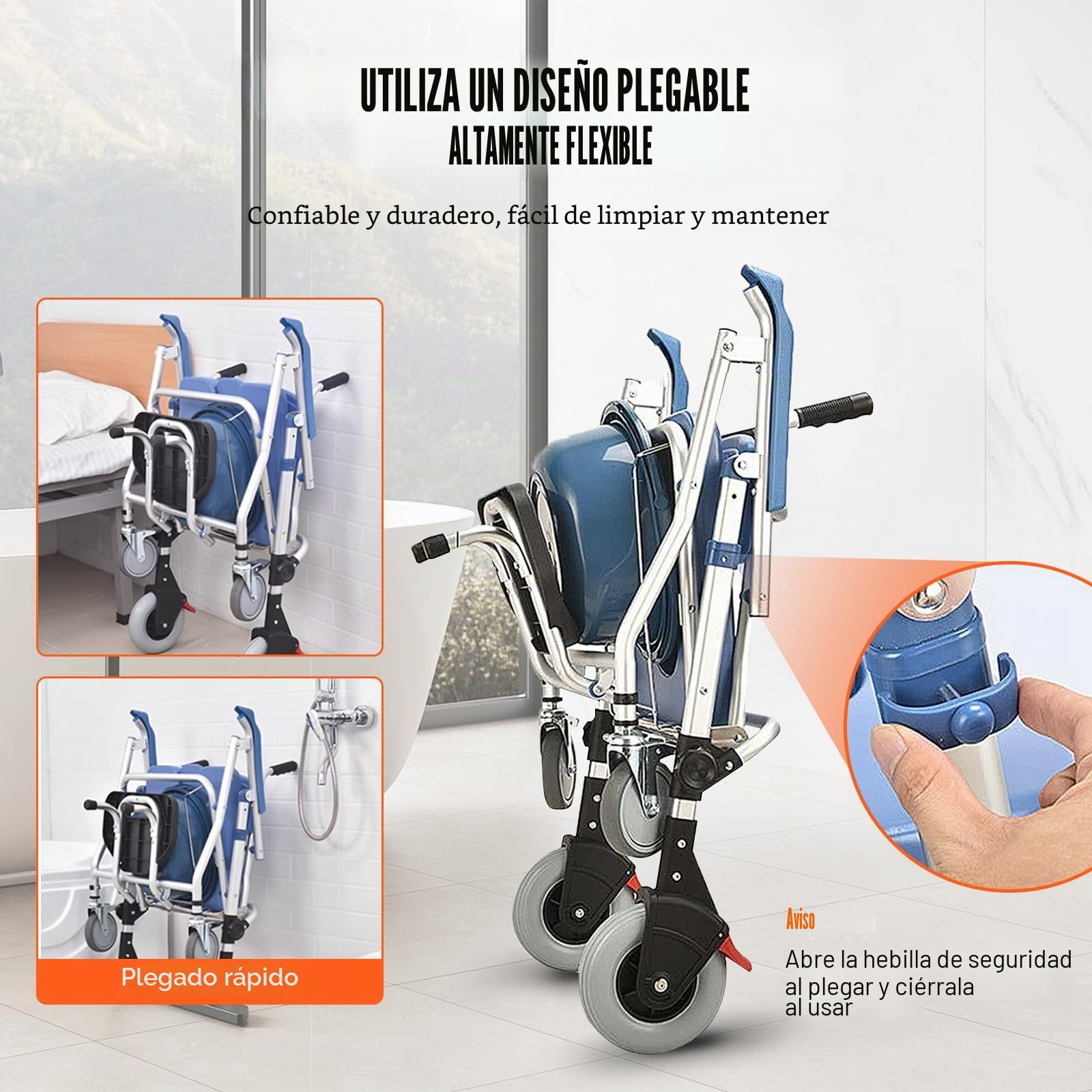 Silla de Ducha con Ruedas y WC, Silla de Baño Geriatrica Plegable, Silla WC para Personas Mayores,Taburete de Ducha con Reposabrazos, Capacidad de Carga 150 kg