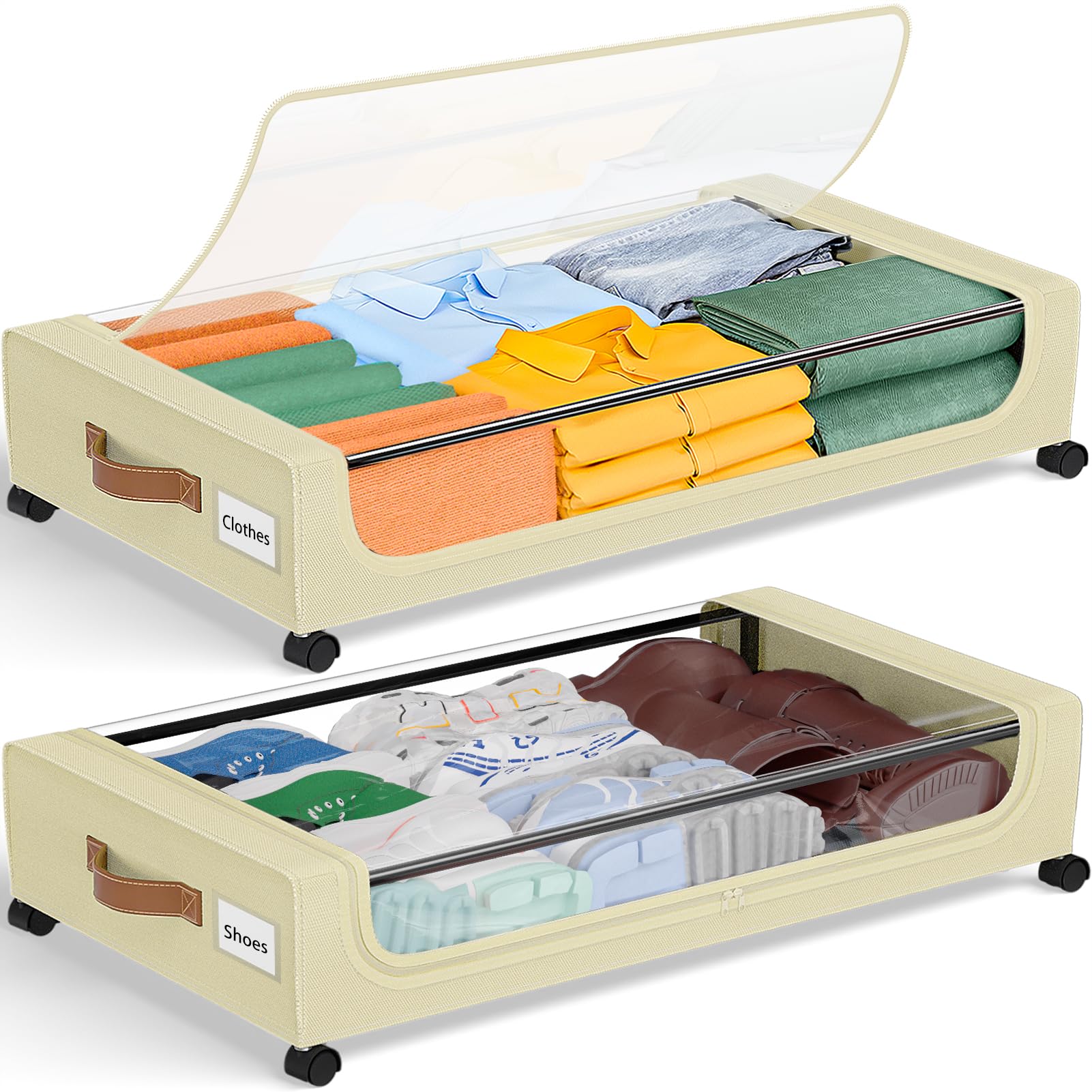 GoMaihe Under Bed Storage with Wheels: XXL Underbed Storage Containers with Lids - Rolling Bins for Shoes Clothes in Dorm Bedroom - Metal Drawers Easy